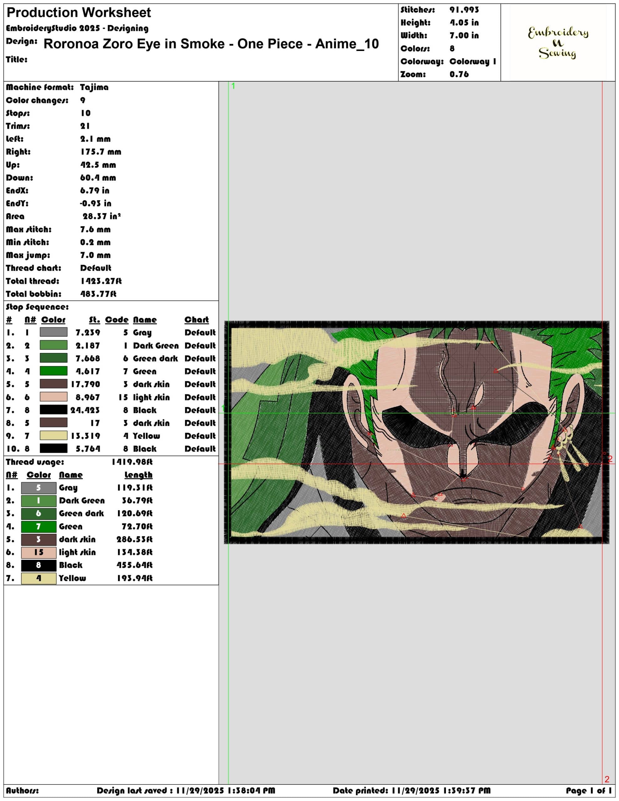 Roronoa Zoro Eye in Smoke One Piece Anime- Elegant embroidery design file - instant download — view 3