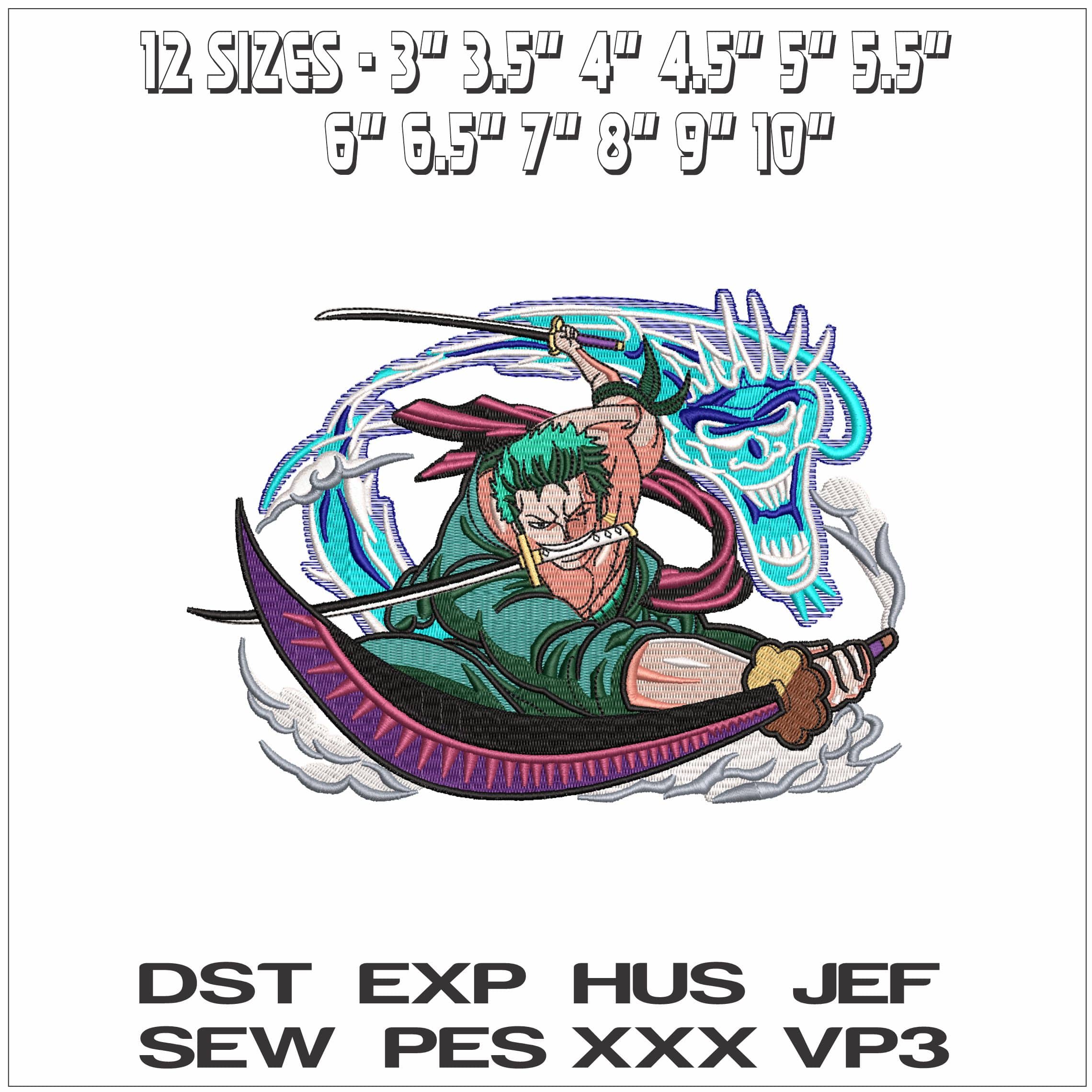 Roronoa Zoro Fighting Dragon One Piece Anime- Elegant embroidery design file - instant download — view 2