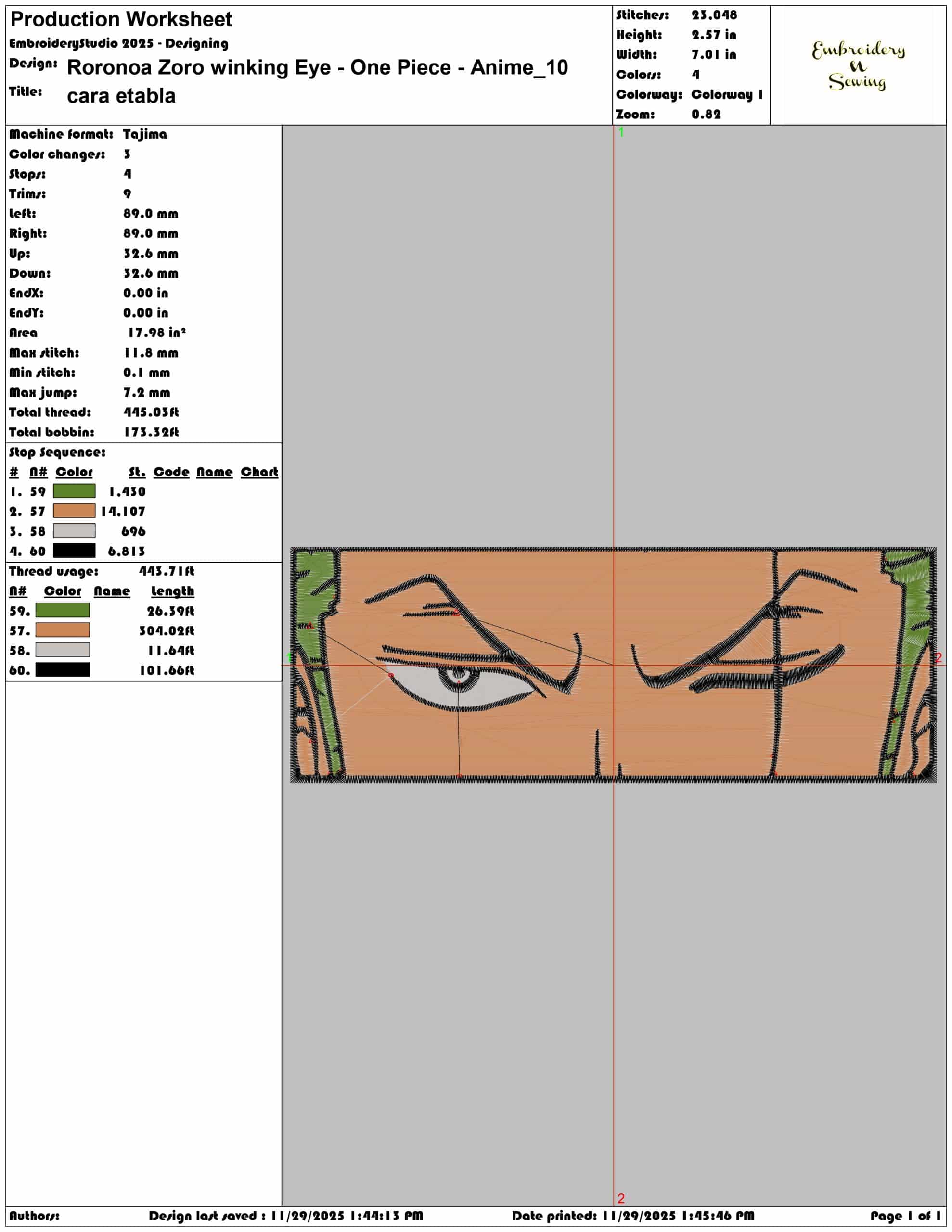 Roronoa Zoro winking Eye One Piece Anime- Elegant embroidery design file - instant download — view 3