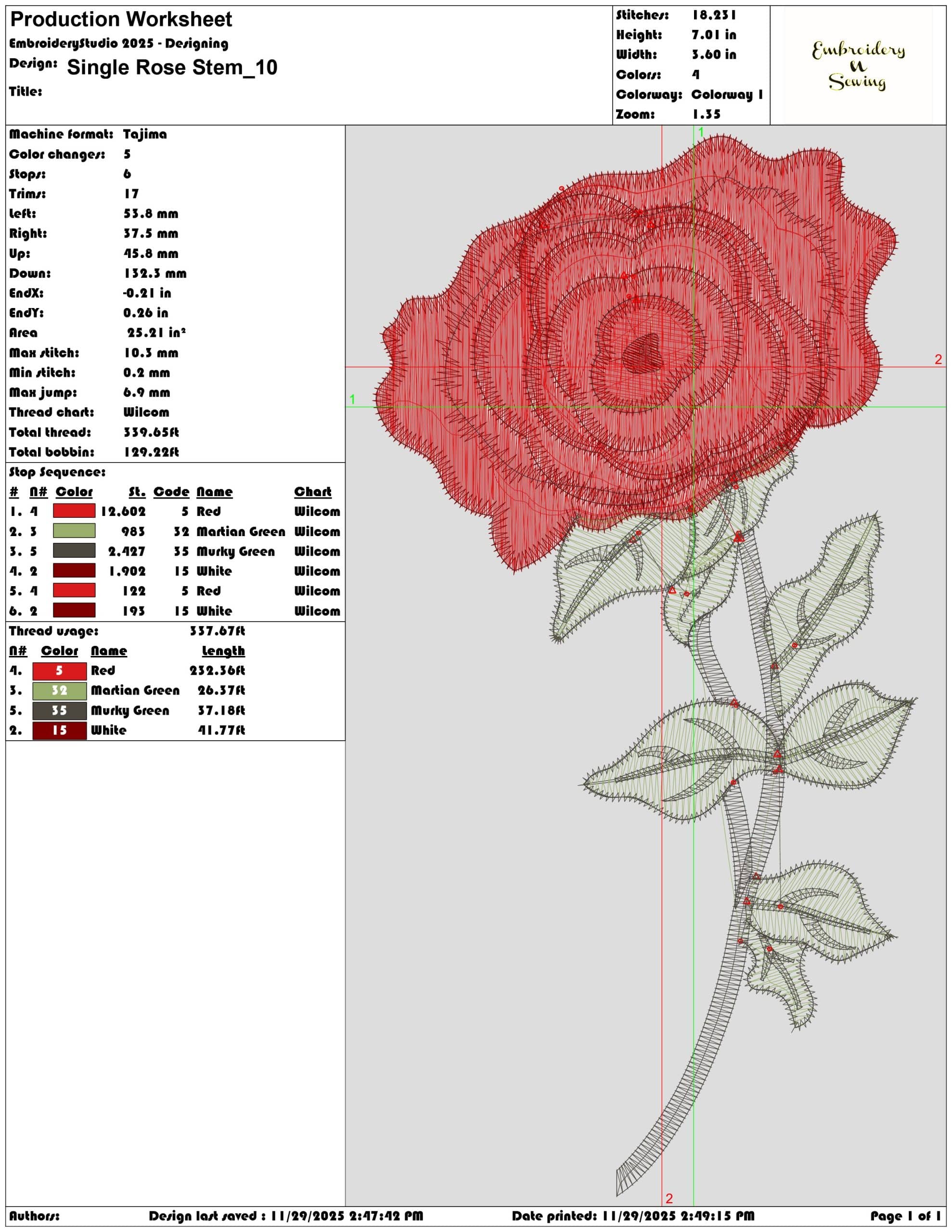 Single Rose Stem- Elegant embroidery design file - instant download — view 3