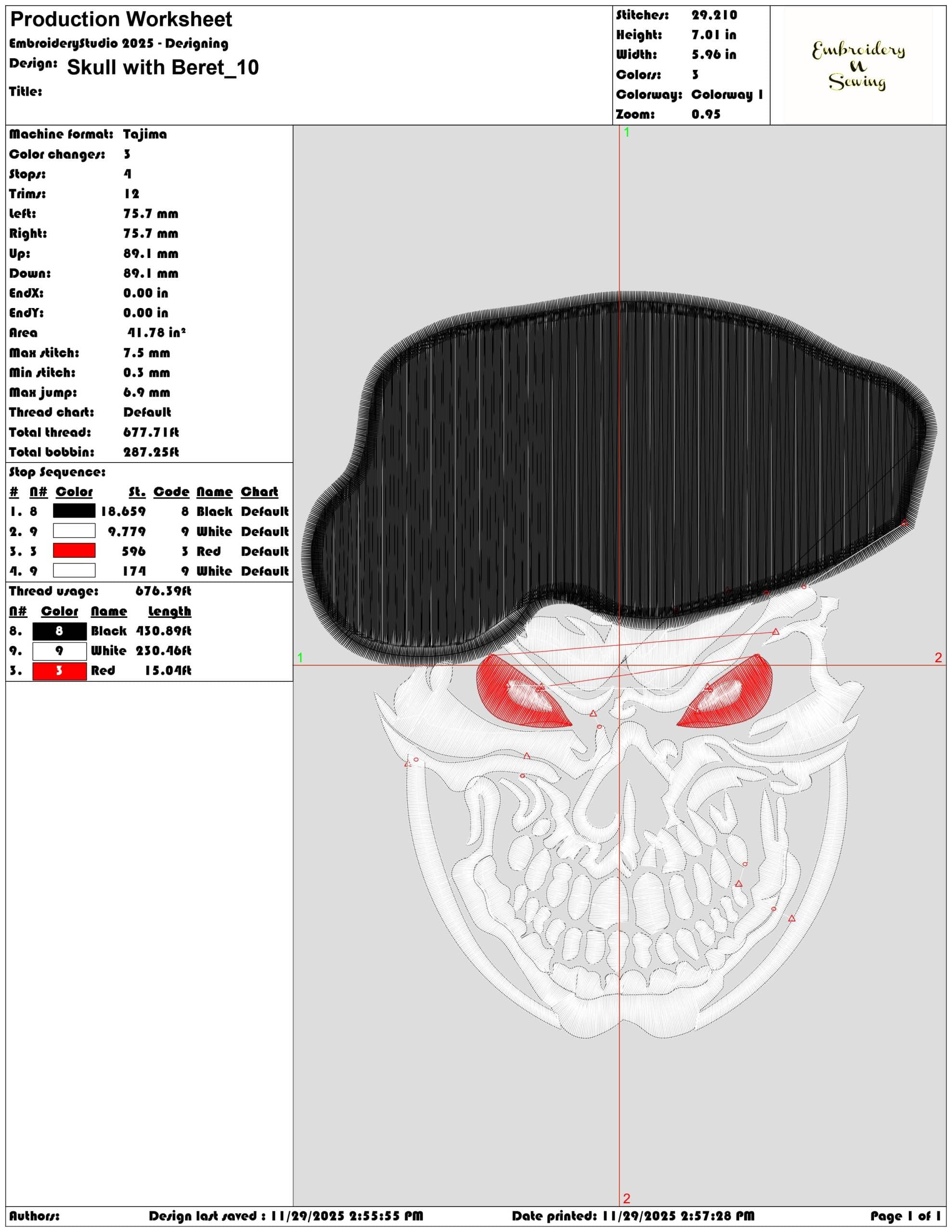 Skull with Beret - Elegant embroidery design file - instant download — view 3