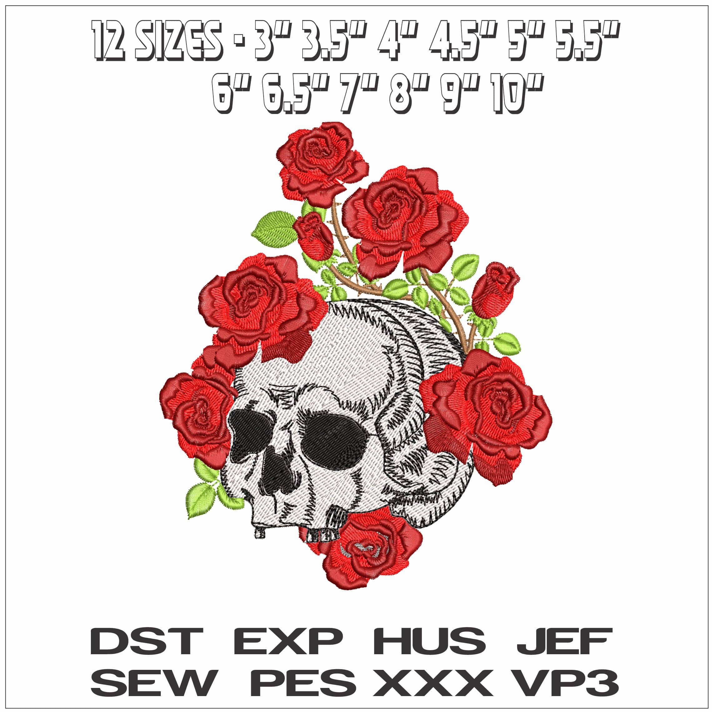 Skull with Roses - Elegant embroidery design file - instant download — view 2