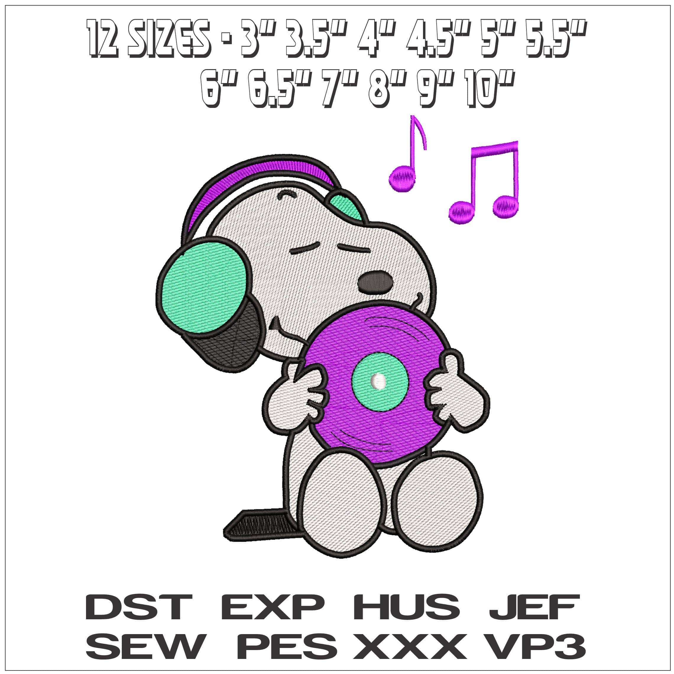 Snoopy Music Lover - Elegant embroidery design file - instant download — view 2