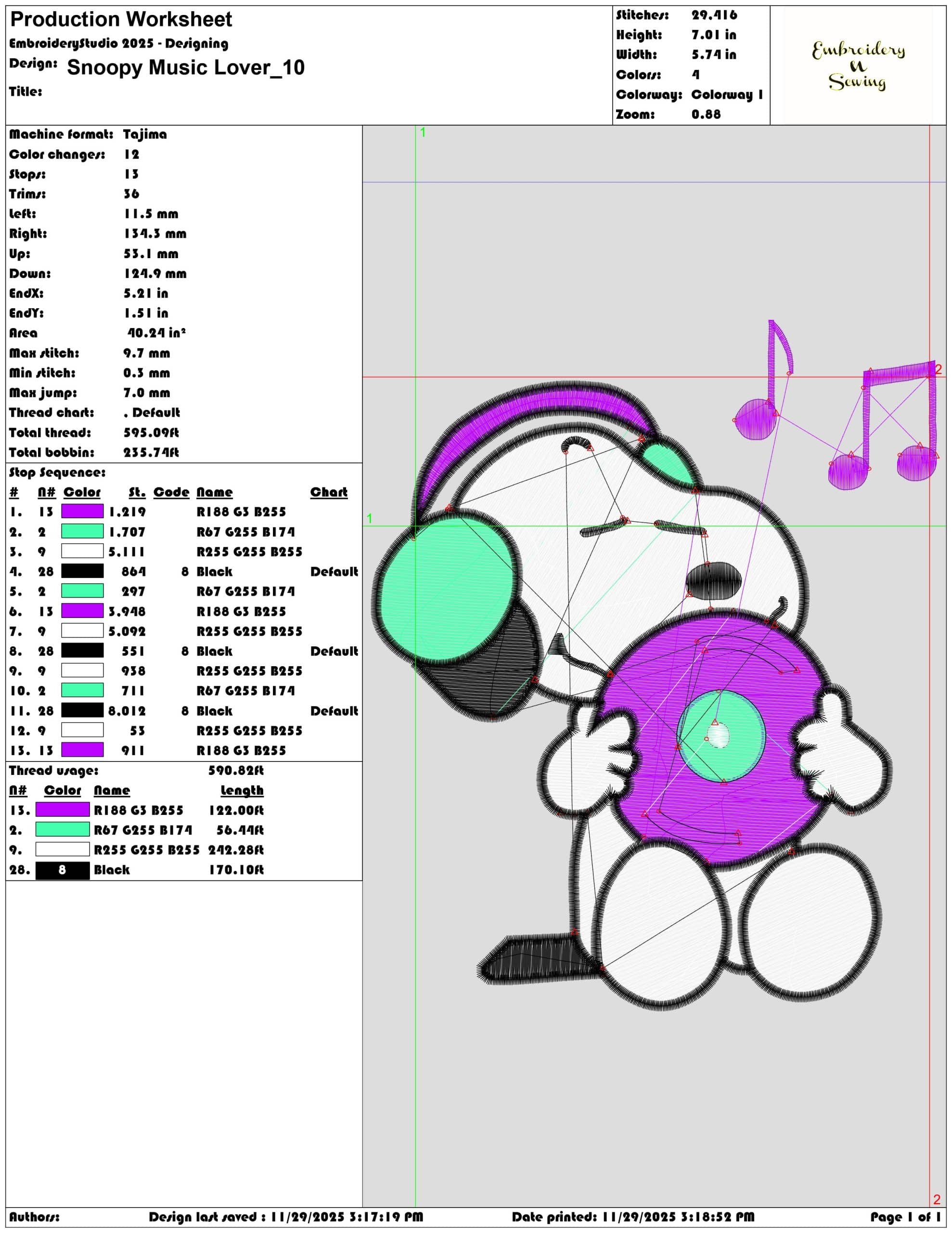 Snoopy Music Lover - Elegant embroidery design file - instant download — view 3
