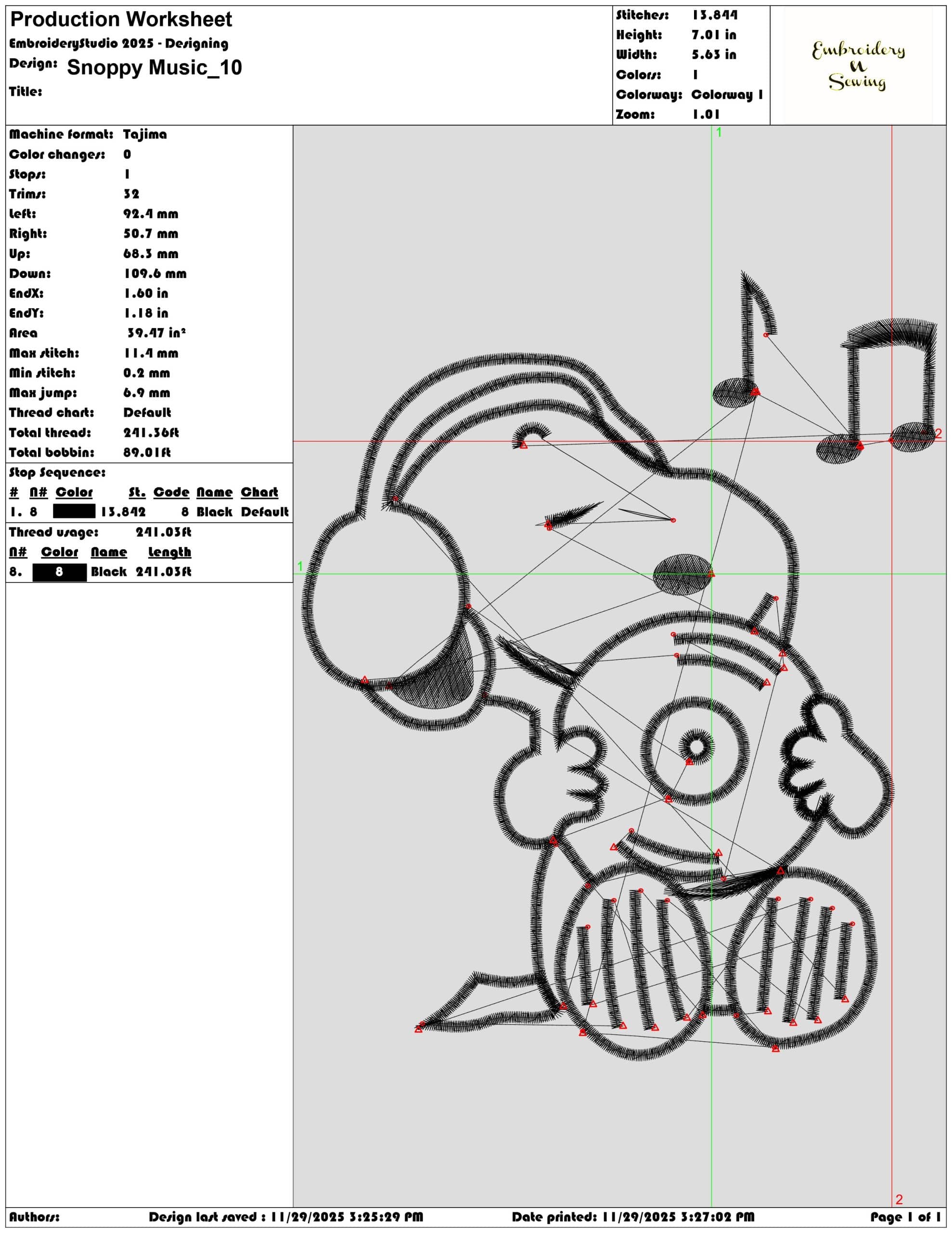 Snoppy Music - Elegant embroidery design file - instant download — view 3