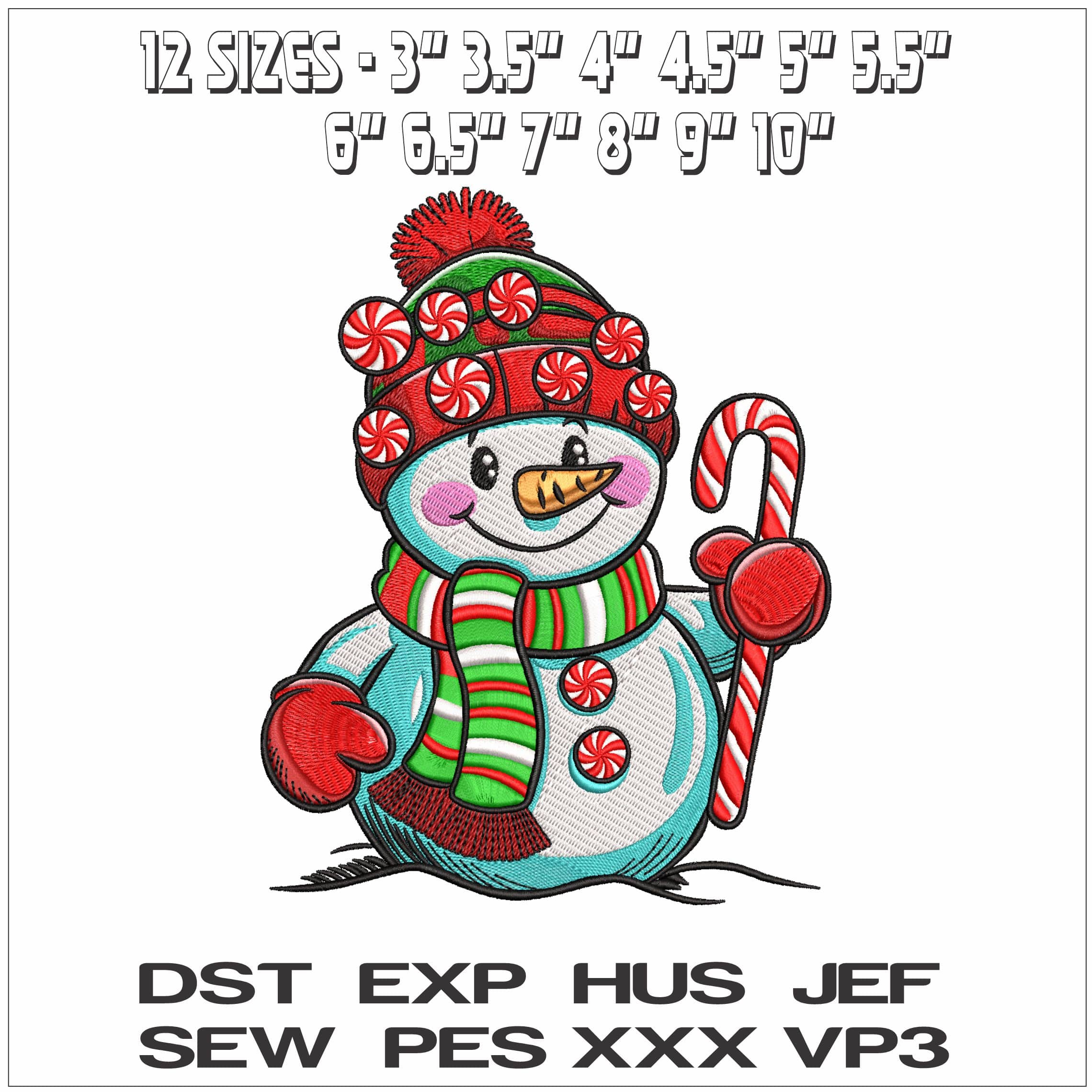 Snowman with Candy Cane - Elegant embroidery design file - instant download — view 2