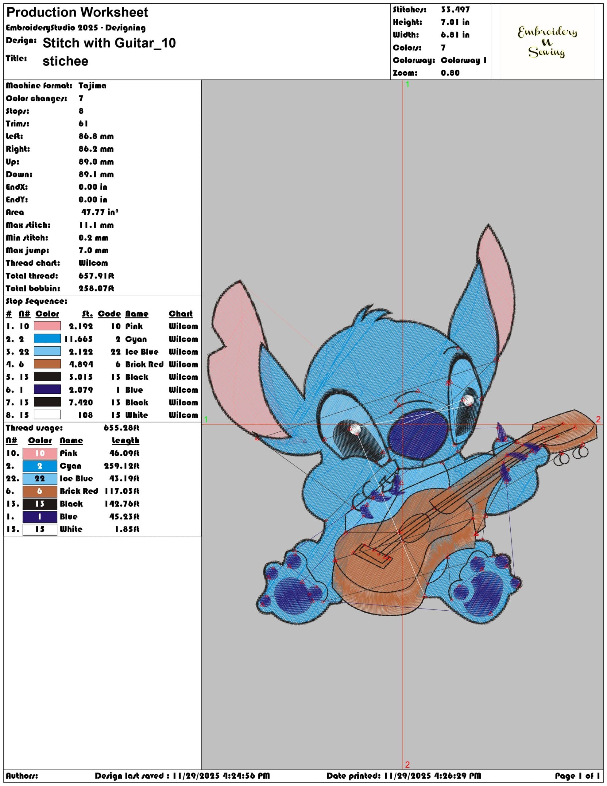 Stitch with Guitar - Elegant embroidery design file - instant download — view 3