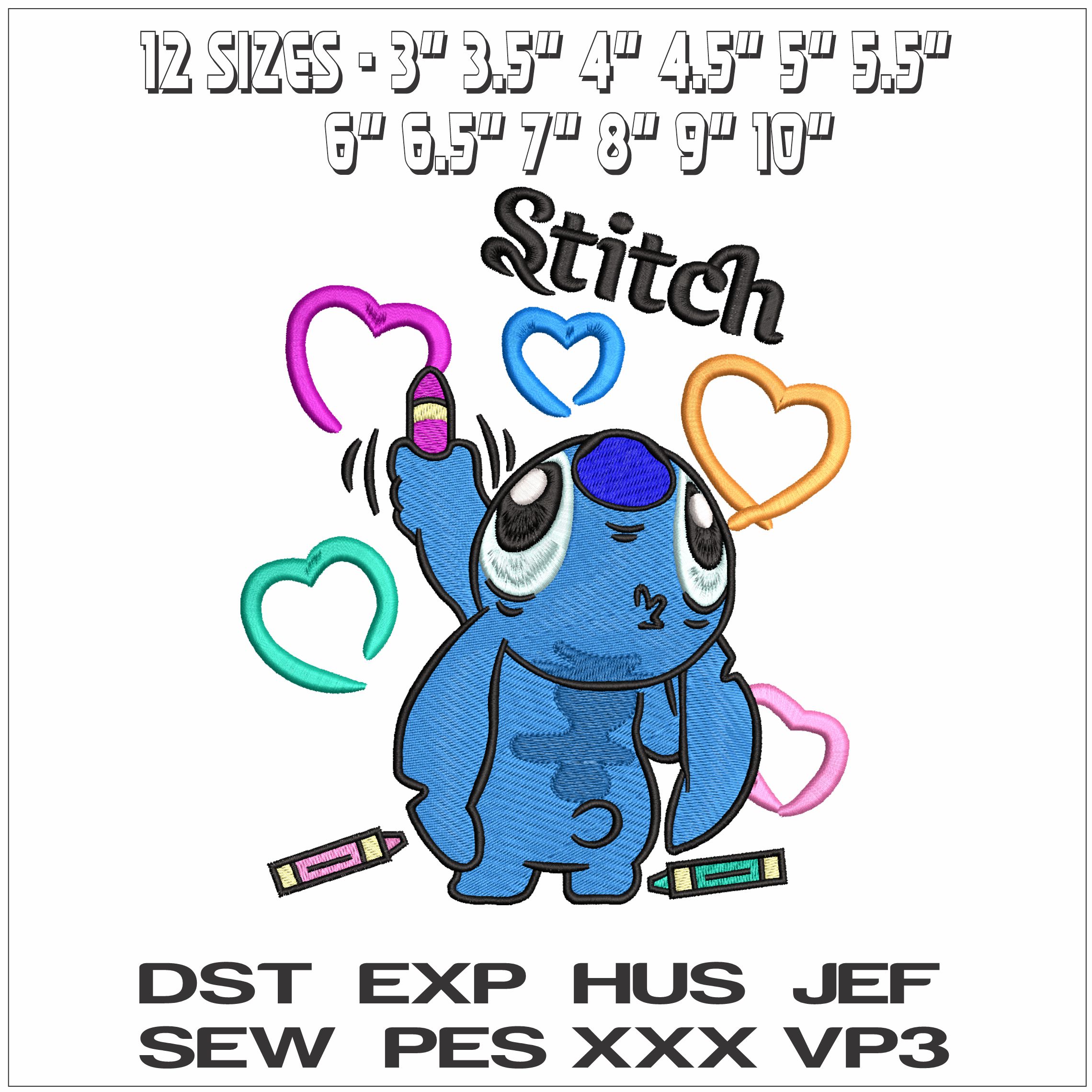 Stitch with Hearts and Crayons - Elegant embroidery design file - instant download — view 2