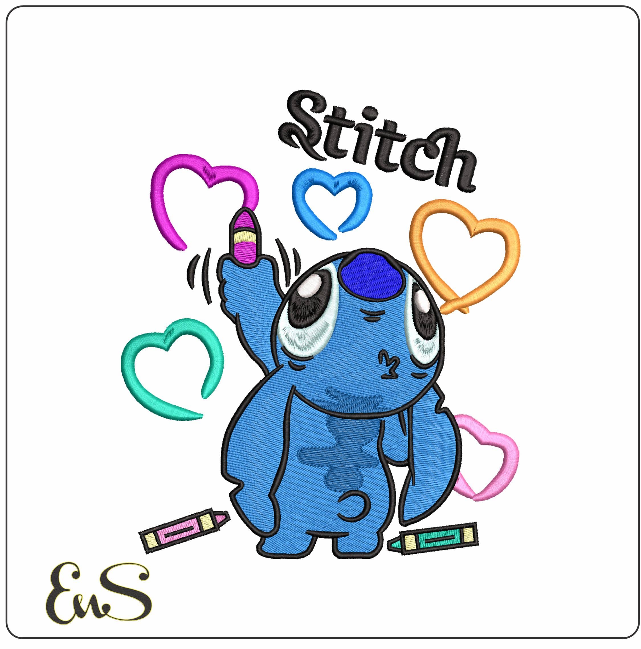 Stitch with Hearts and Crayons - Elegant embroidery design file - instant download