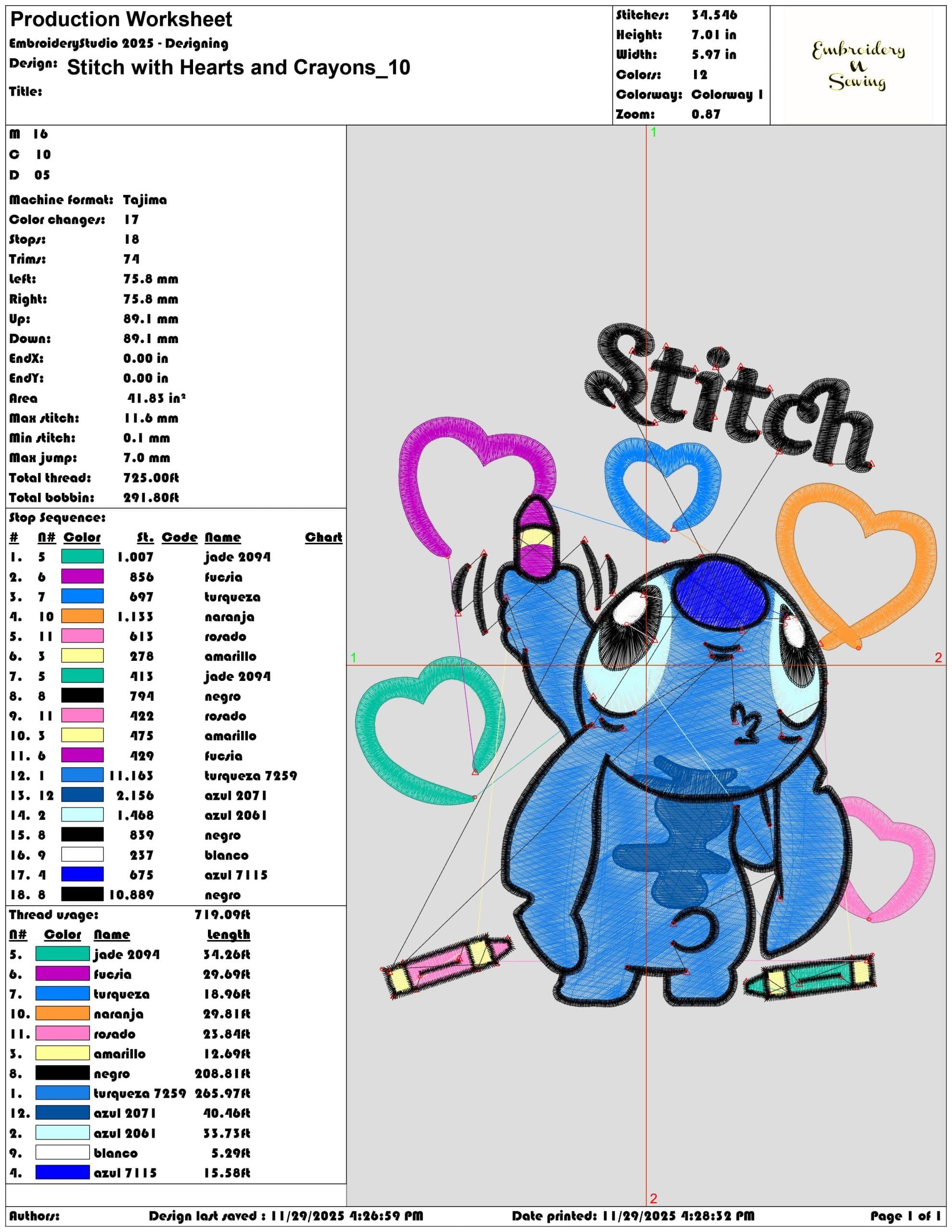 Stitch with Hearts and Crayons - Elegant embroidery design file - instant download — view 3