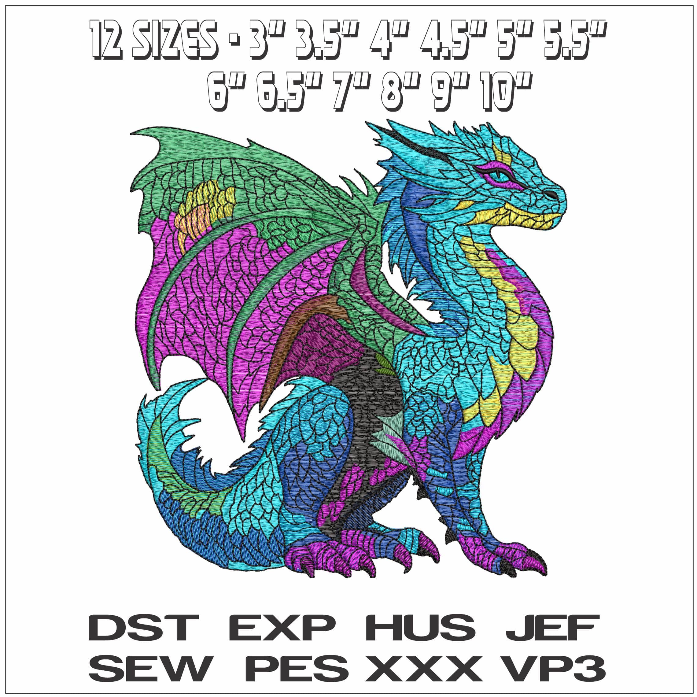 Stylised colourful Dragon - Elegant embroidery design file - instant download — view 2