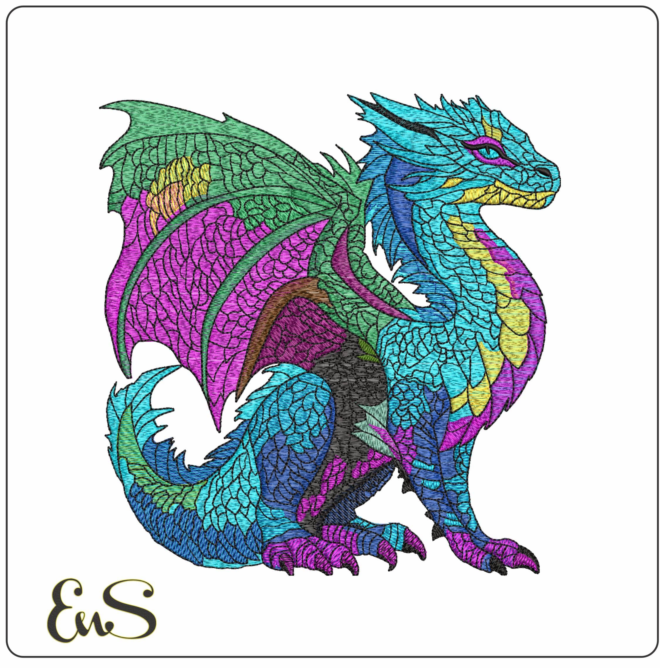 Stylised colourful Dragon - Elegant embroidery design file - instant download
