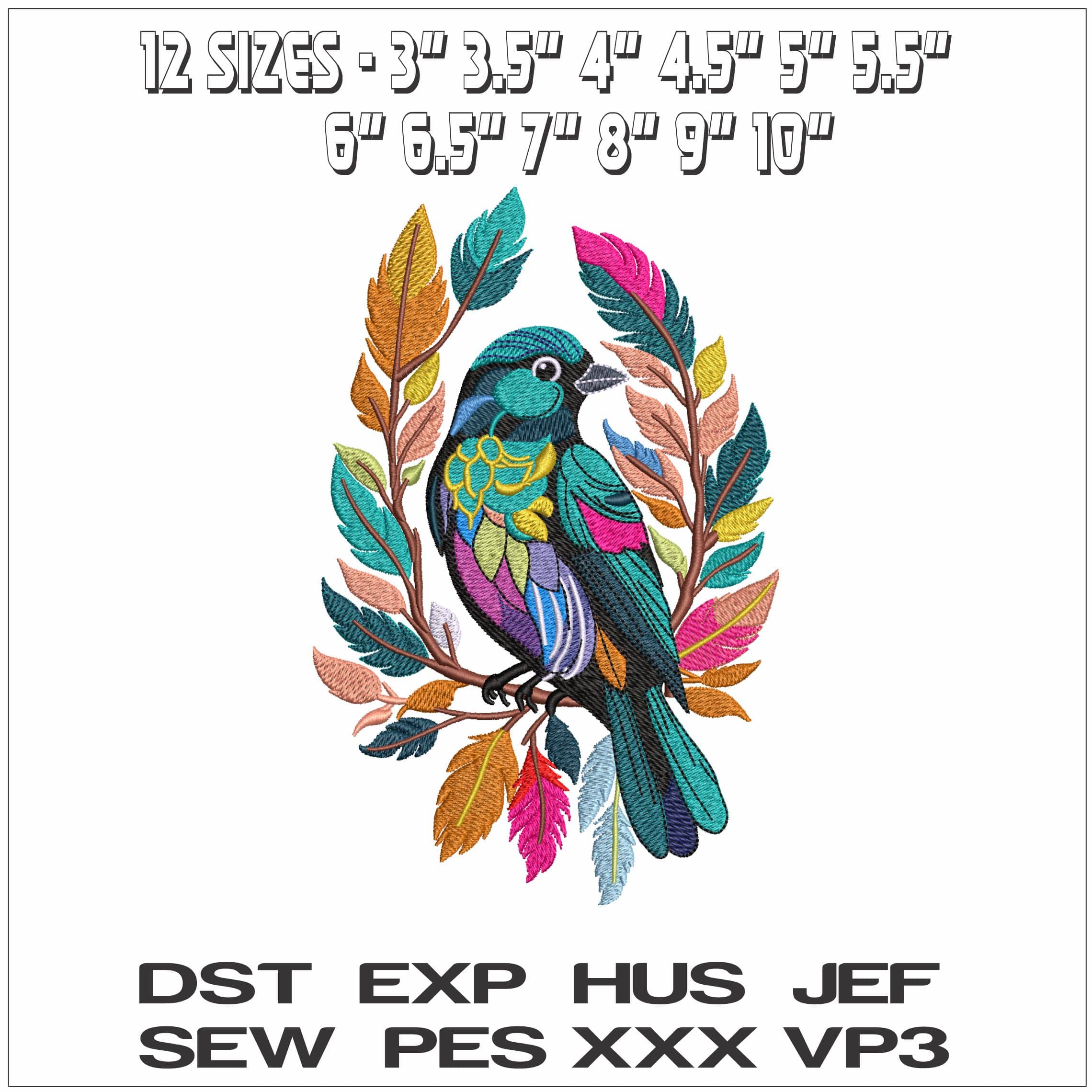 Stylized bird in branch - Elegant embroidery design file - instant download — view 2