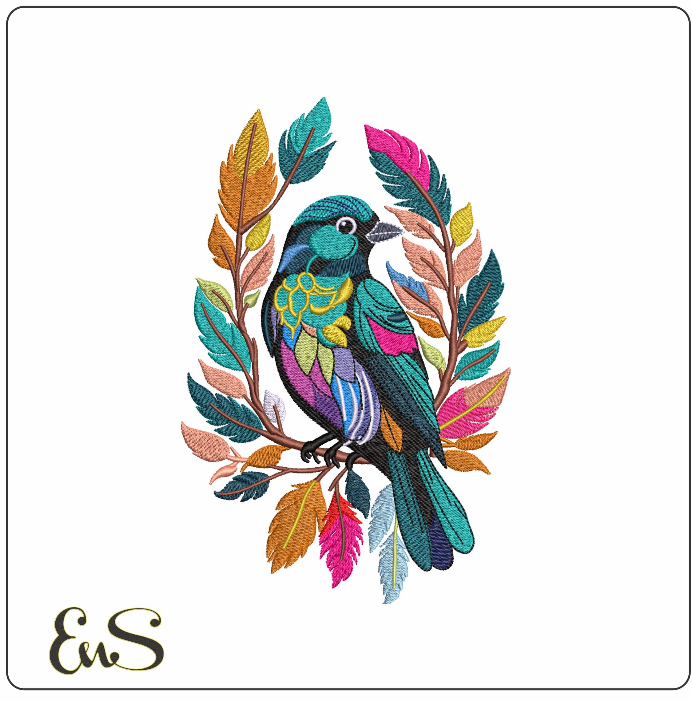 Stylized bird in branch - Elegant embroidery design file - instant download