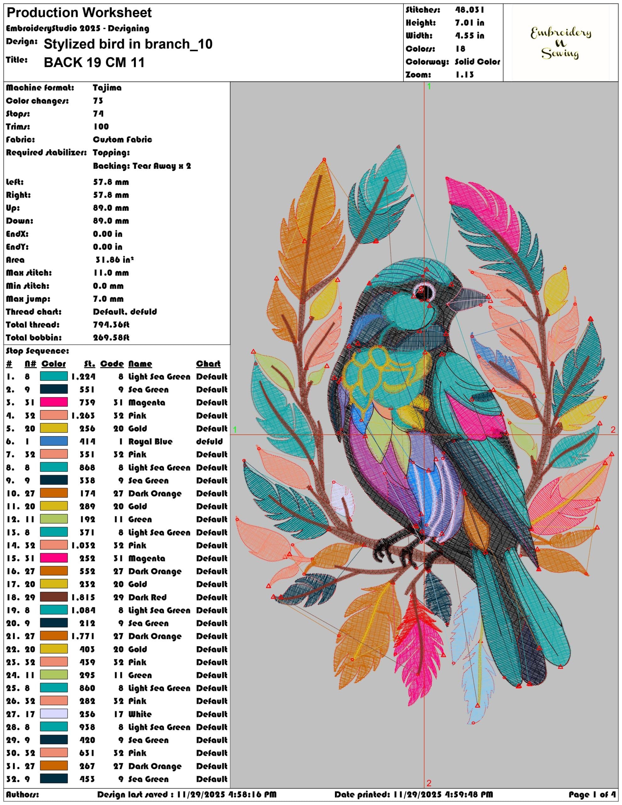 Stylized bird in branch - Elegant embroidery design file - instant download — view 3