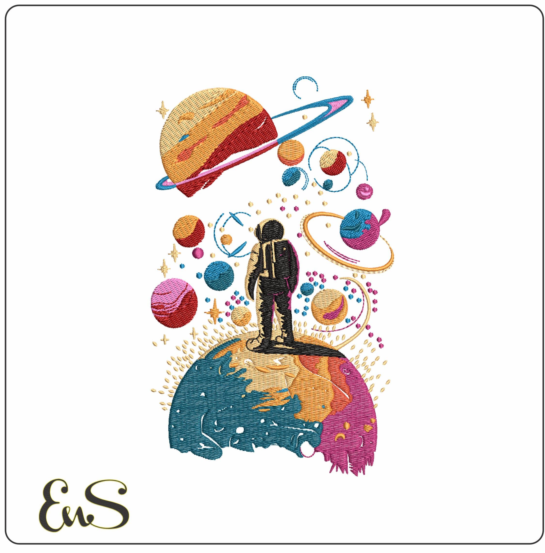 Stylized looking at the Solar System - Elegant embroidery design file - instant download