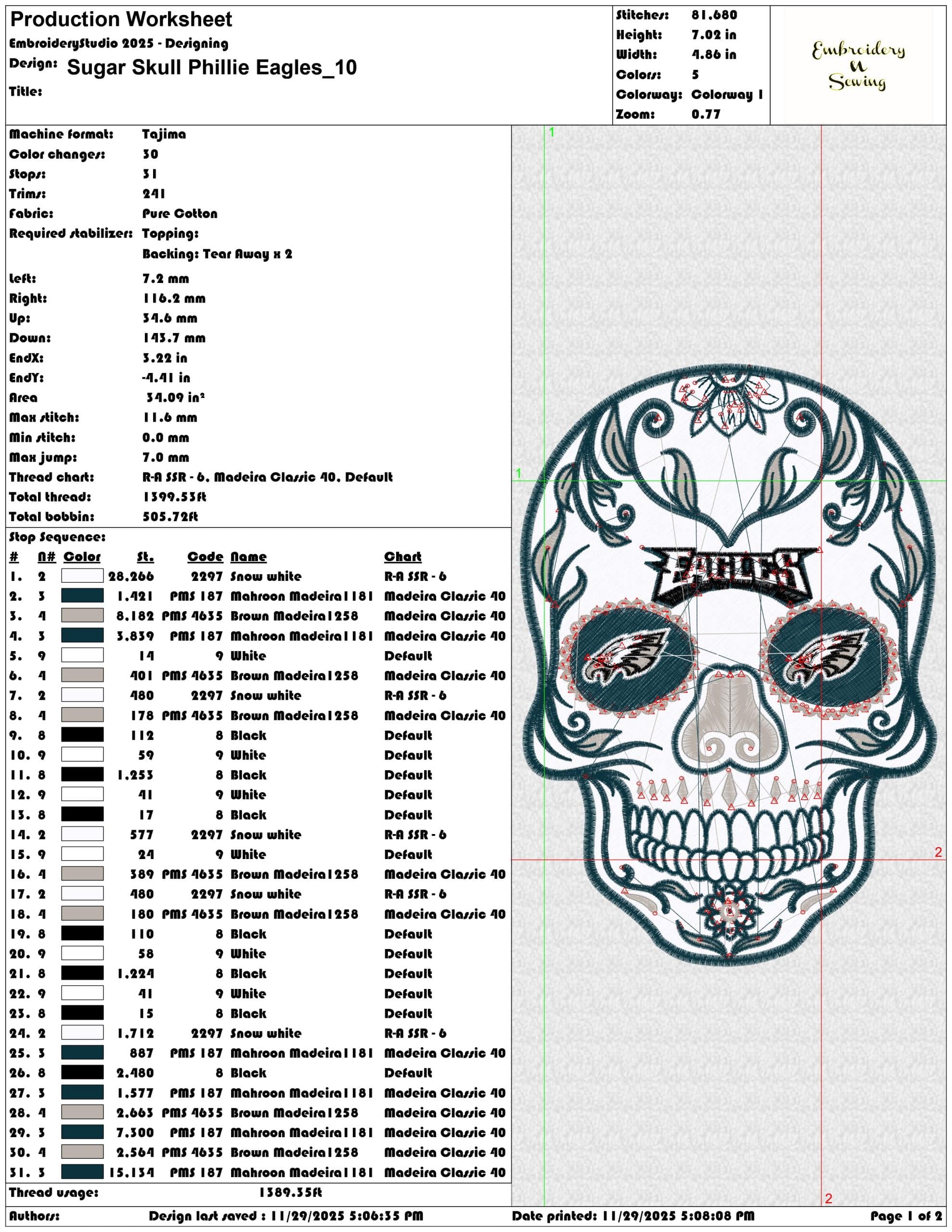 Sugar Skull Phillie Eagles - Elegant embroidery design file - instant download — view 3