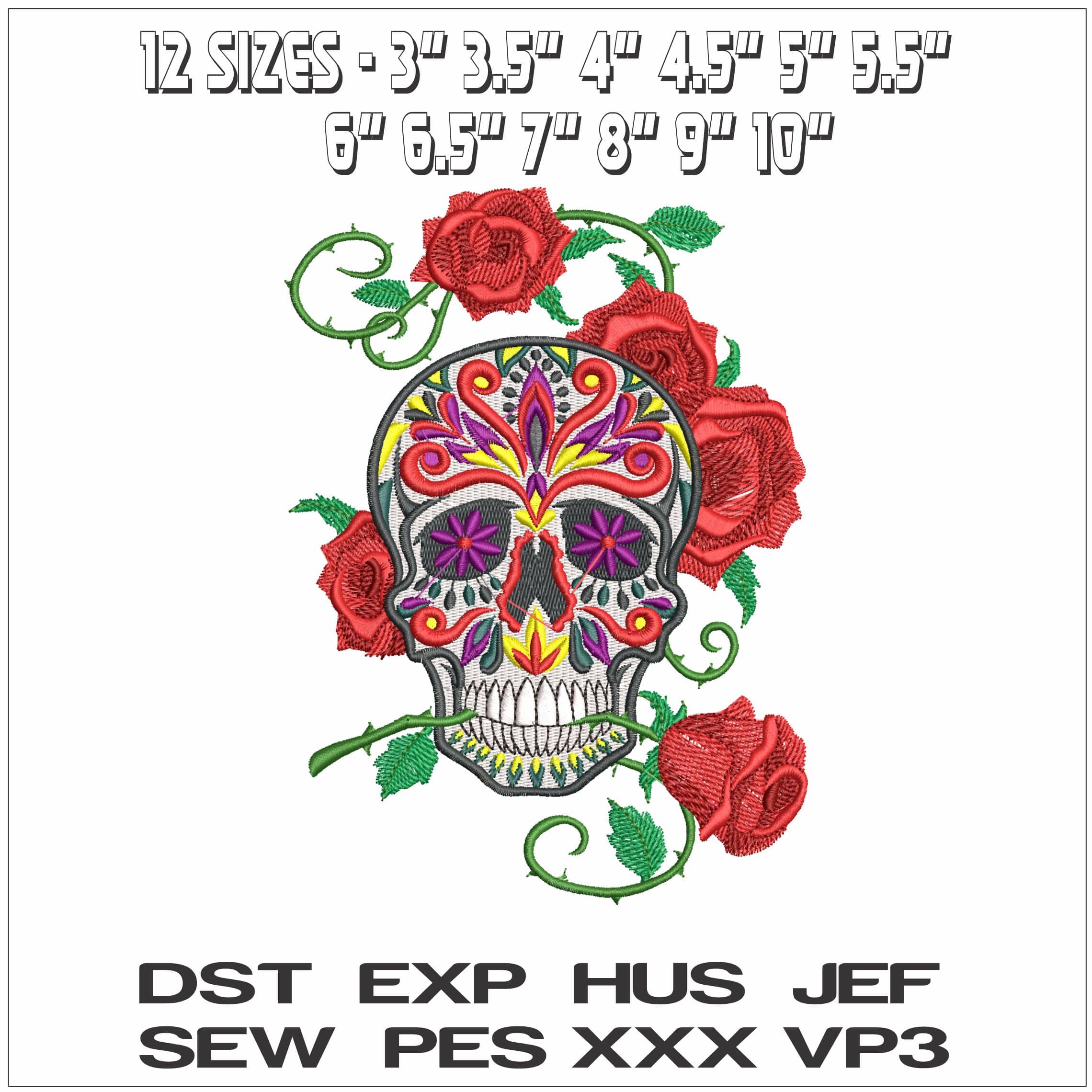Sugar Skull with Roses - Elegant embroidery design file - instant download — view 2