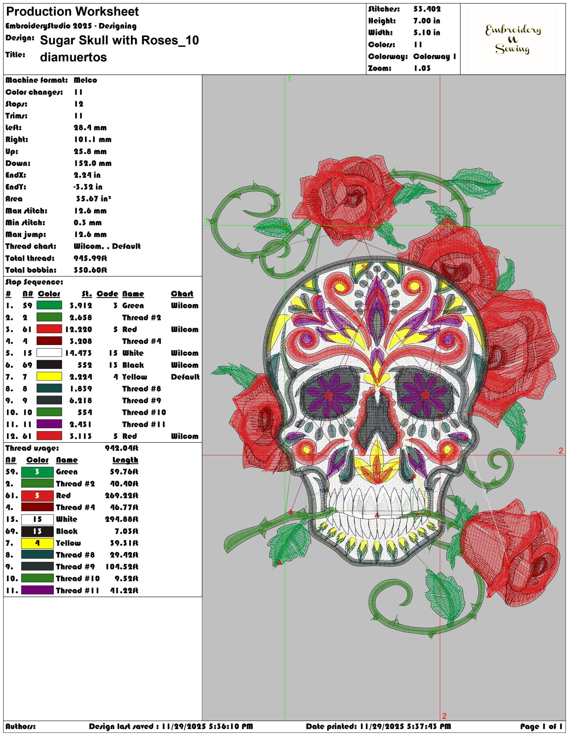 Sugar Skull with Roses - Elegant embroidery design file - instant download — view 3