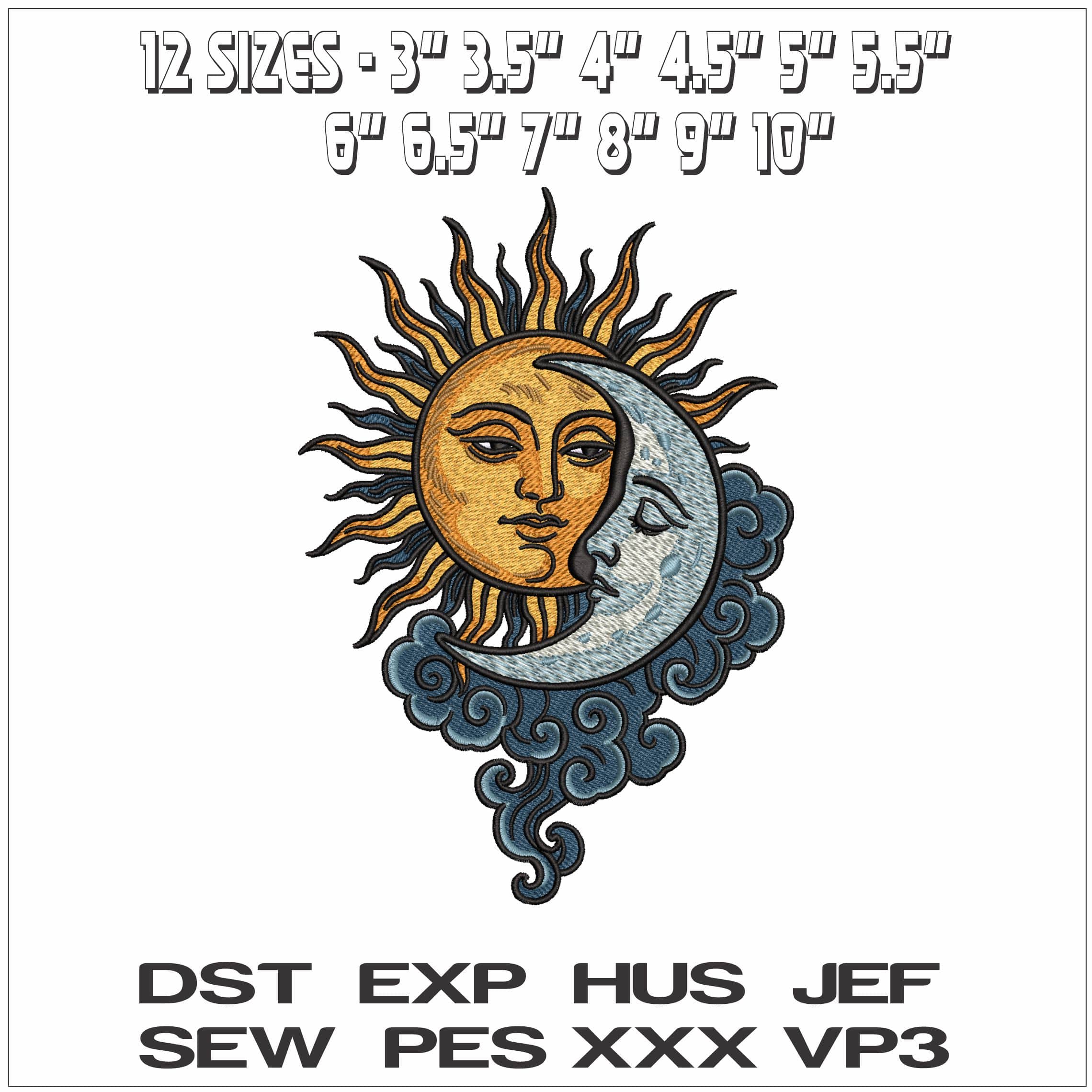 Sun and Moon with Clouds - Elegant embroidery design file - instant download — view 2