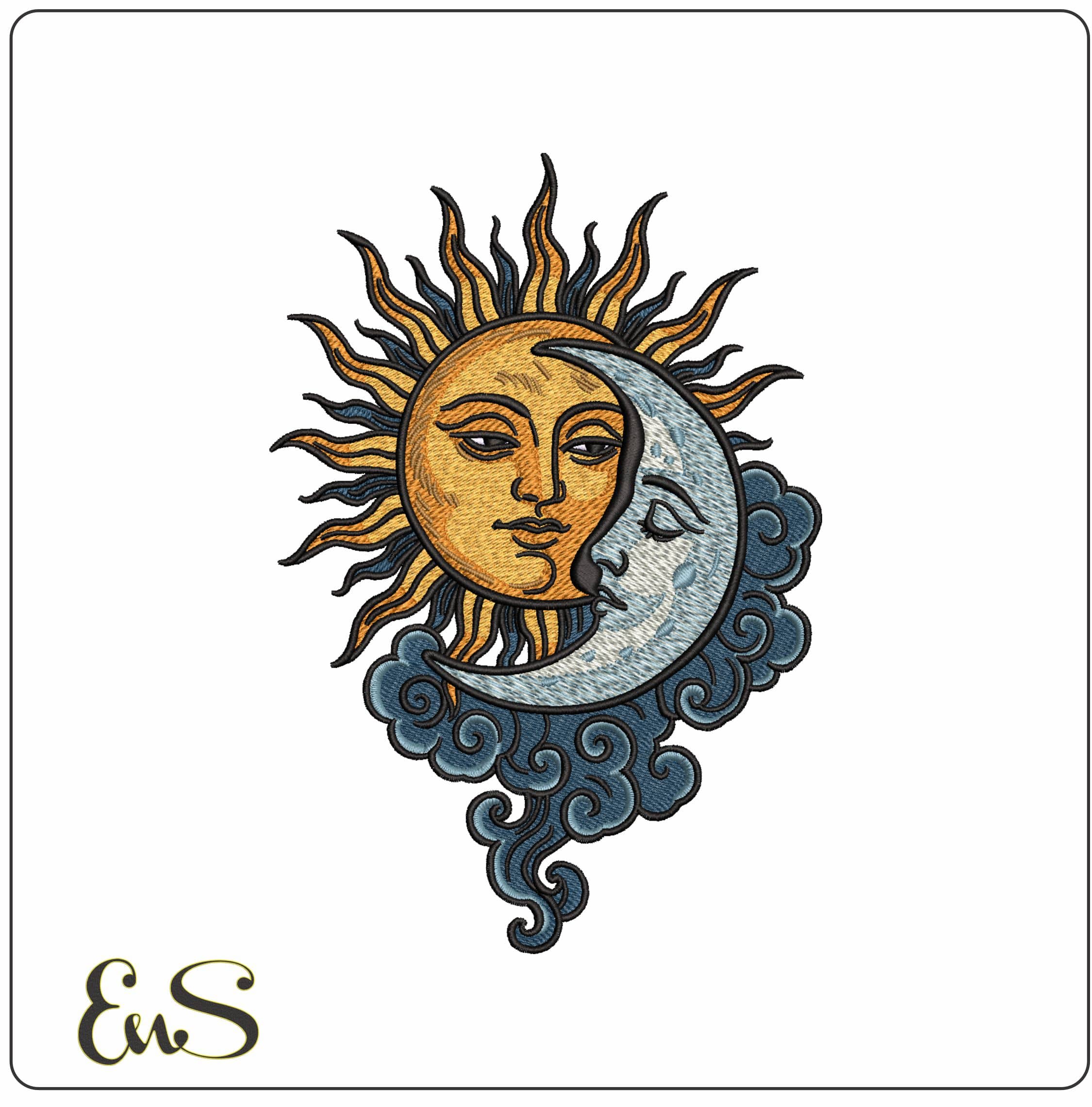 Sun and Moon with Clouds - Elegant embroidery design file - instant download