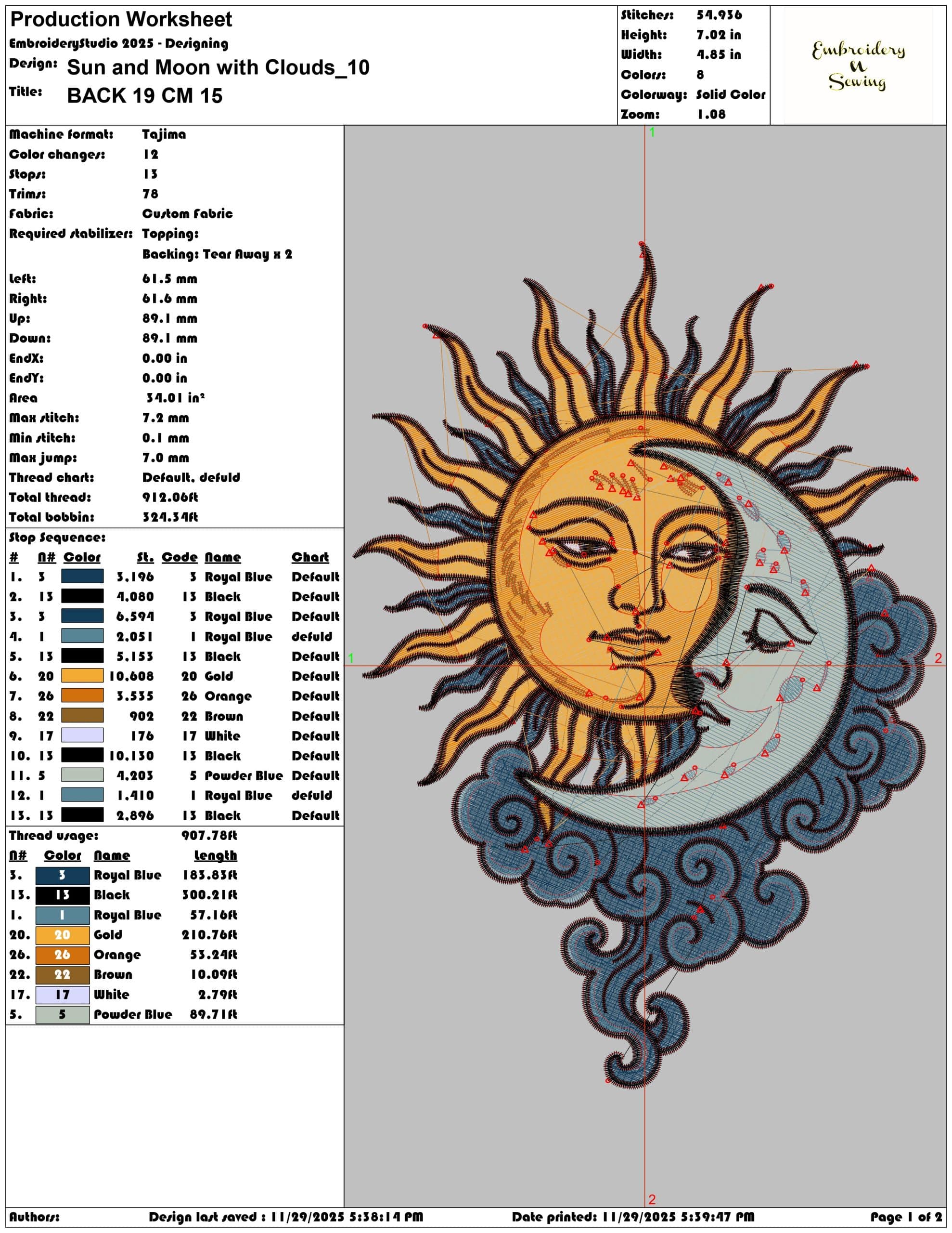 Sun and Moon with Clouds - Elegant embroidery design file - instant download — view 3