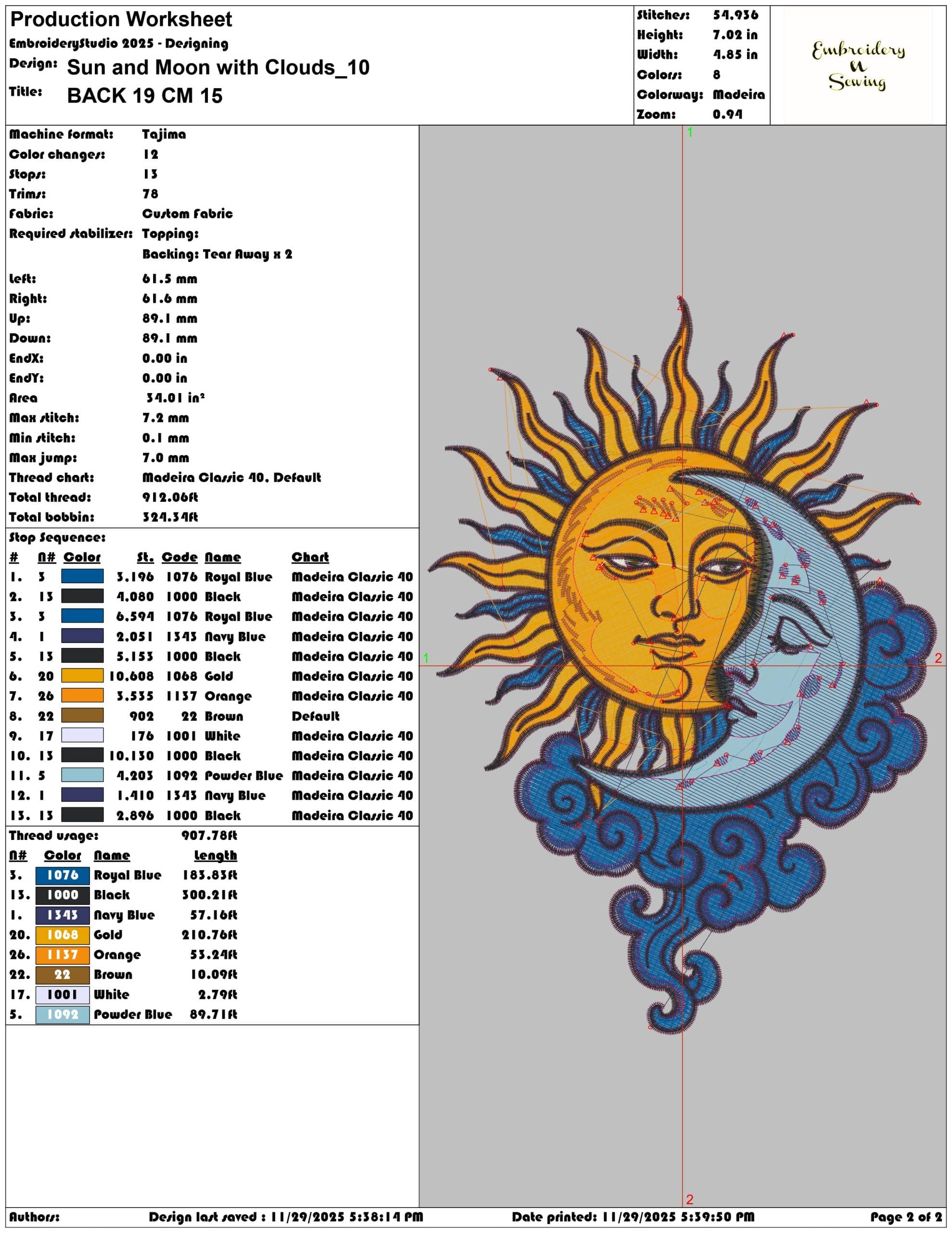 Sun and Moon with Clouds - Elegant embroidery design file - instant download — view 4