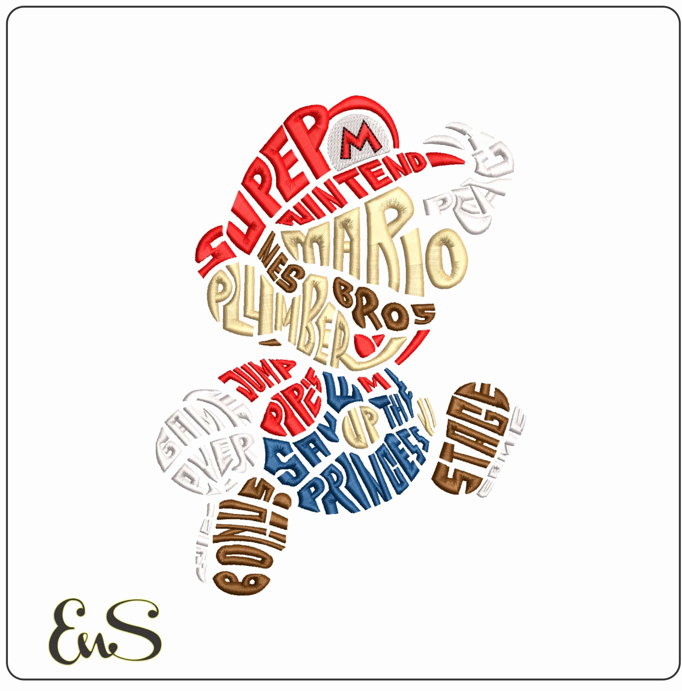 Super Mario in Words - Elegant embroidery design file - instant download