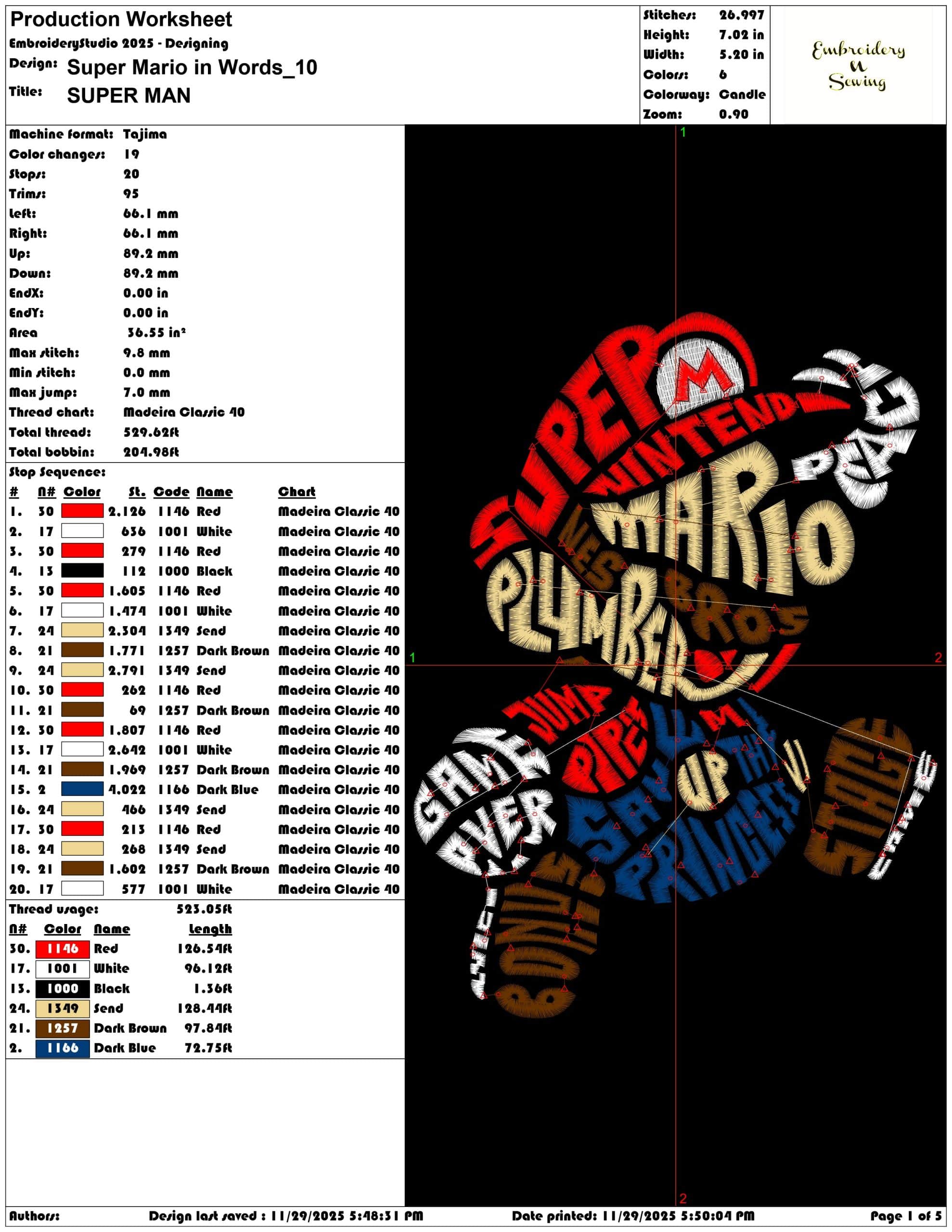 Super Mario in Words - Elegant embroidery design file - instant download — view 3