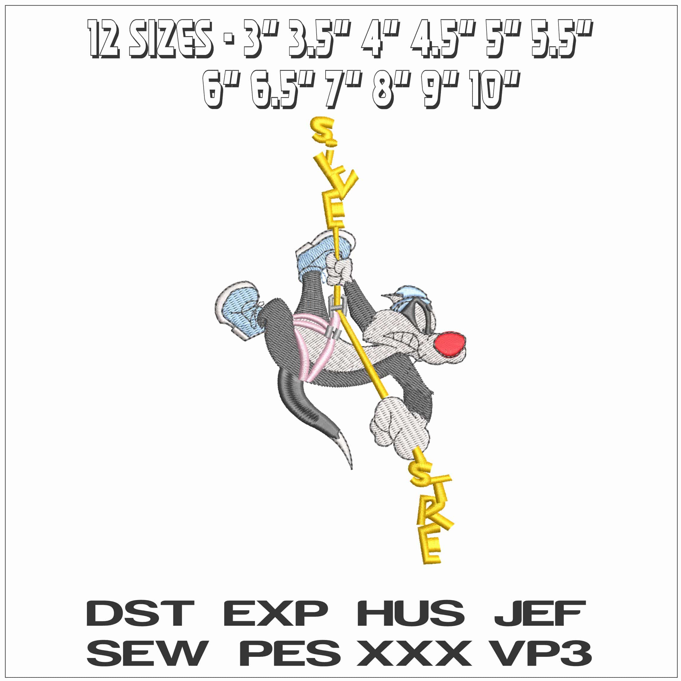 Sylvester Pussy Cat on Rope - Elegant embroidery design file - instant download — view 2