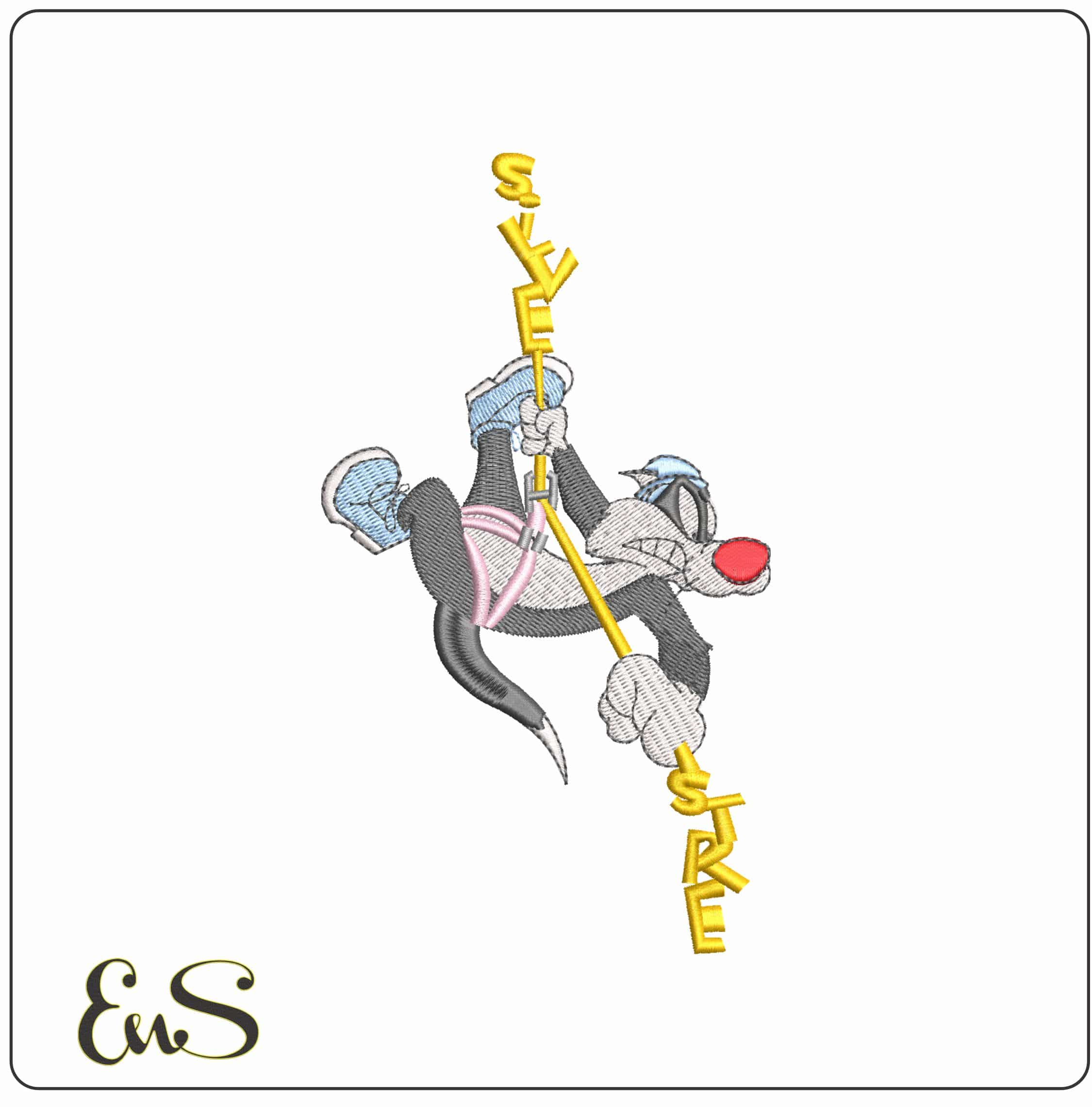 Sylvester Pussy Cat on Rope - Elegant embroidery design file - instant download