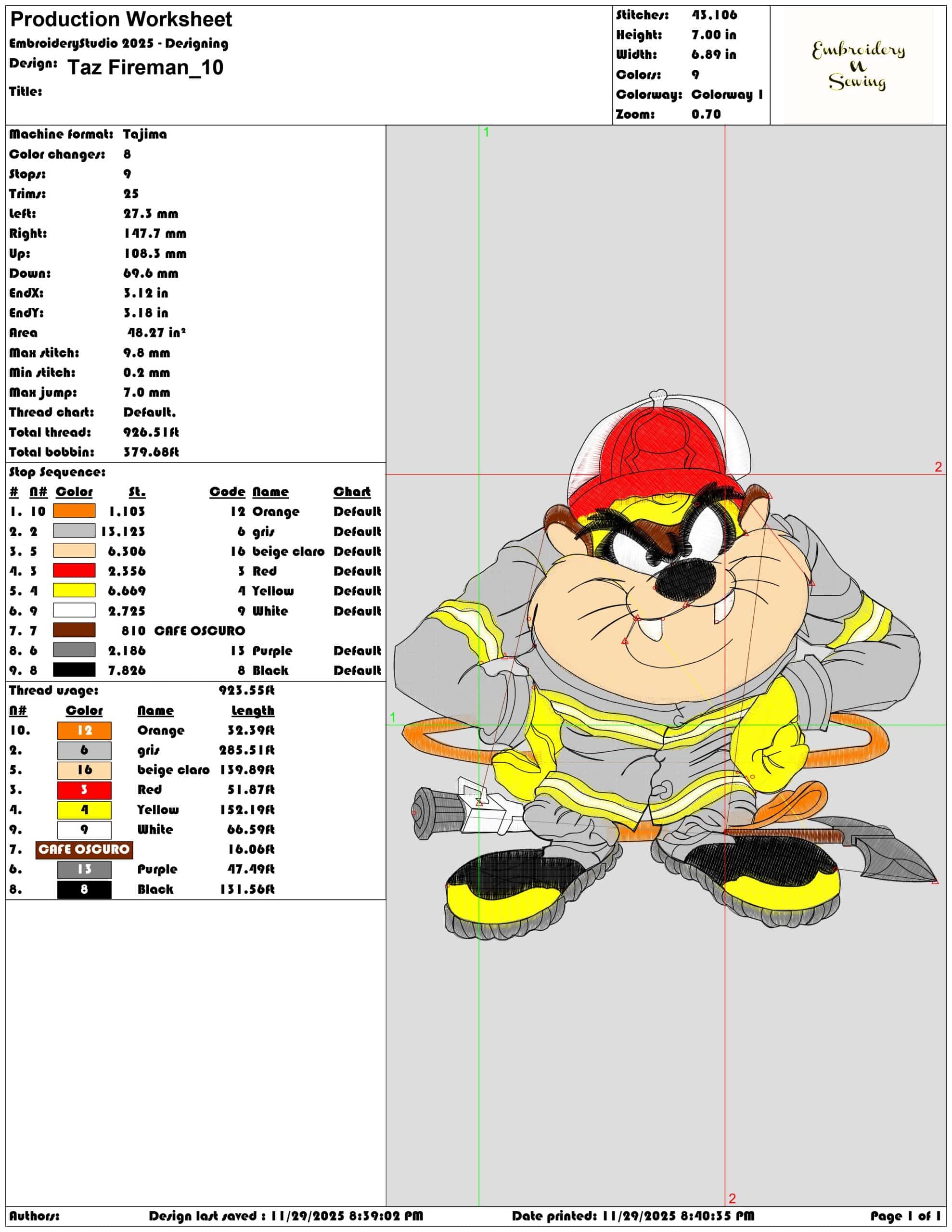 Taz Fireman - Elegant embroidery design file - instant download — view 3