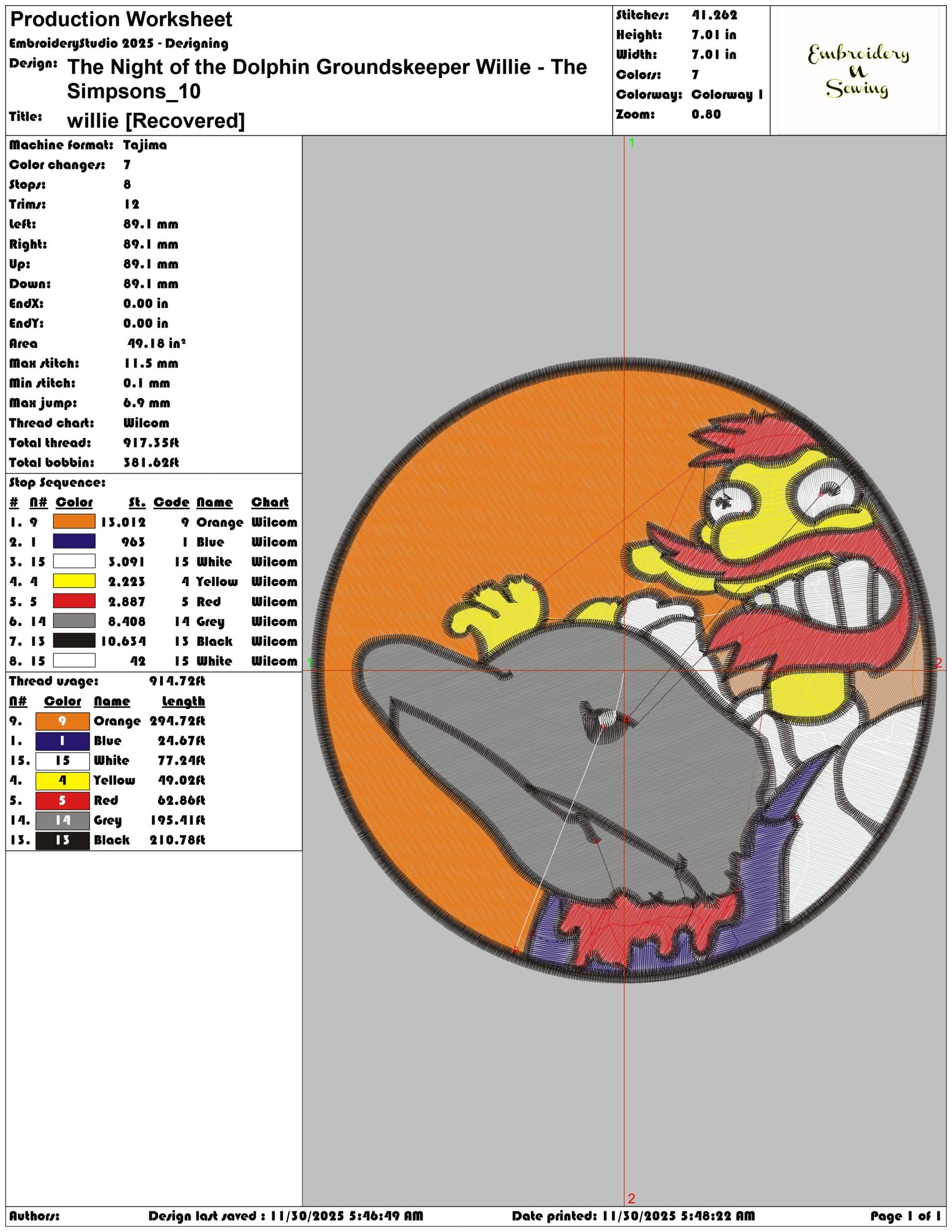 The Night of the Dolphin Groundskeeper Willie The Simpsons - Elegant embroidery design file - instant download — view 3