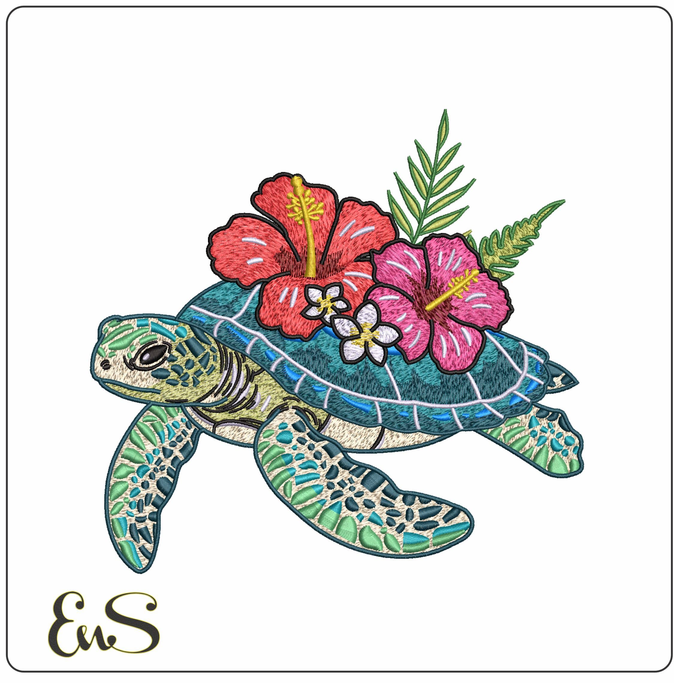 Turtle with Flowers- Elegant embroidery design file - instant download