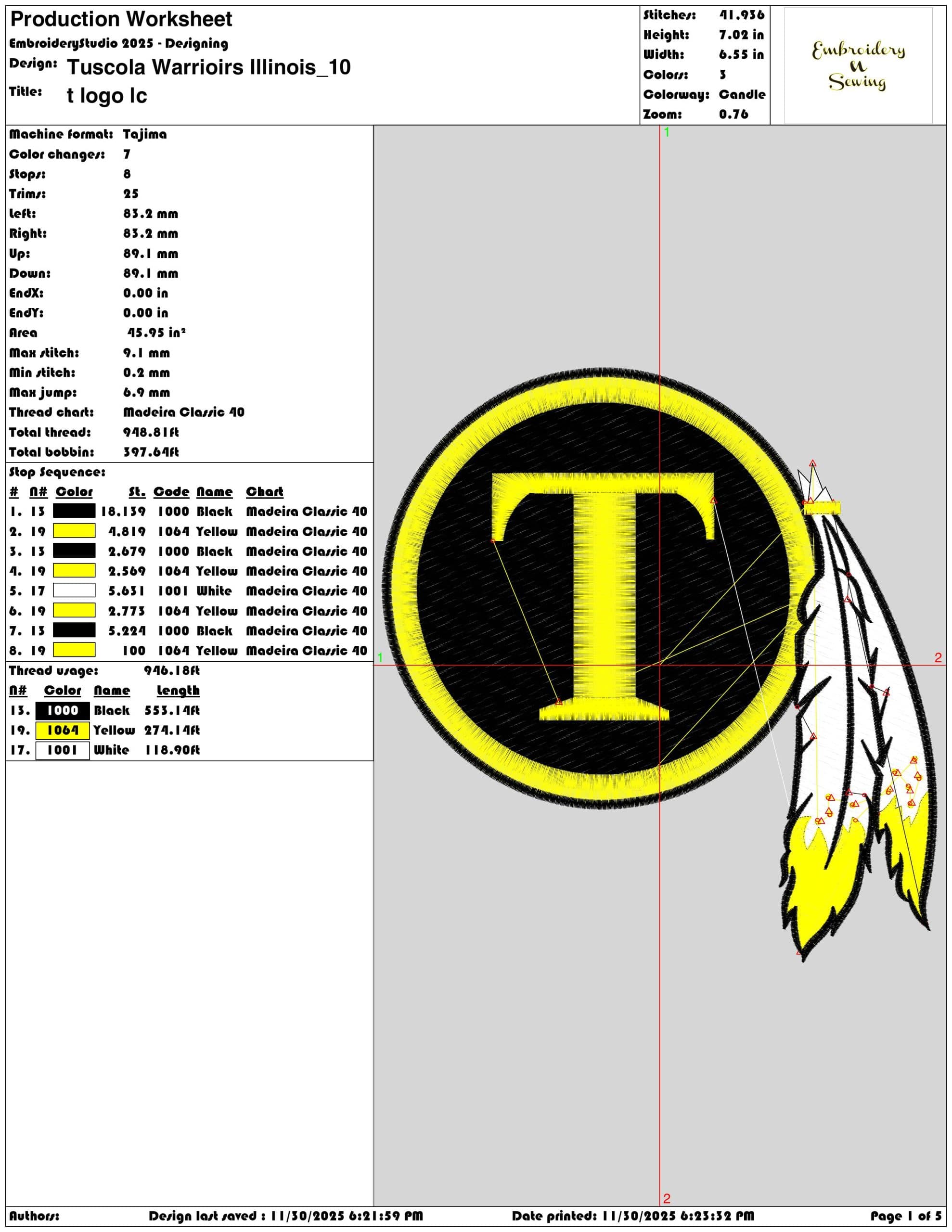 Tuscola Warrioirs Illinois- Elegant embroidery design file - instant download — view 3