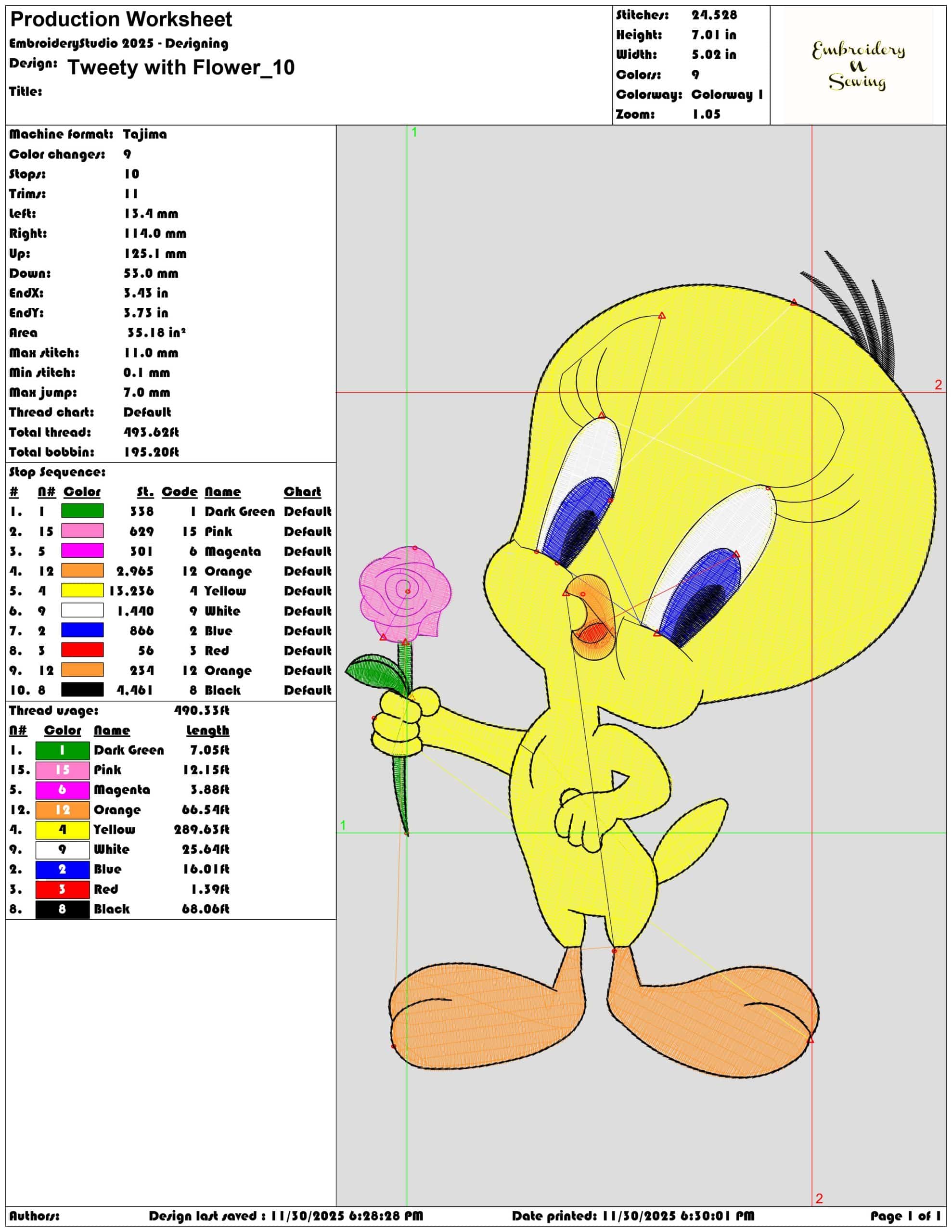 Tweety with Flower- Elegant embroidery design file - instant download — view 3