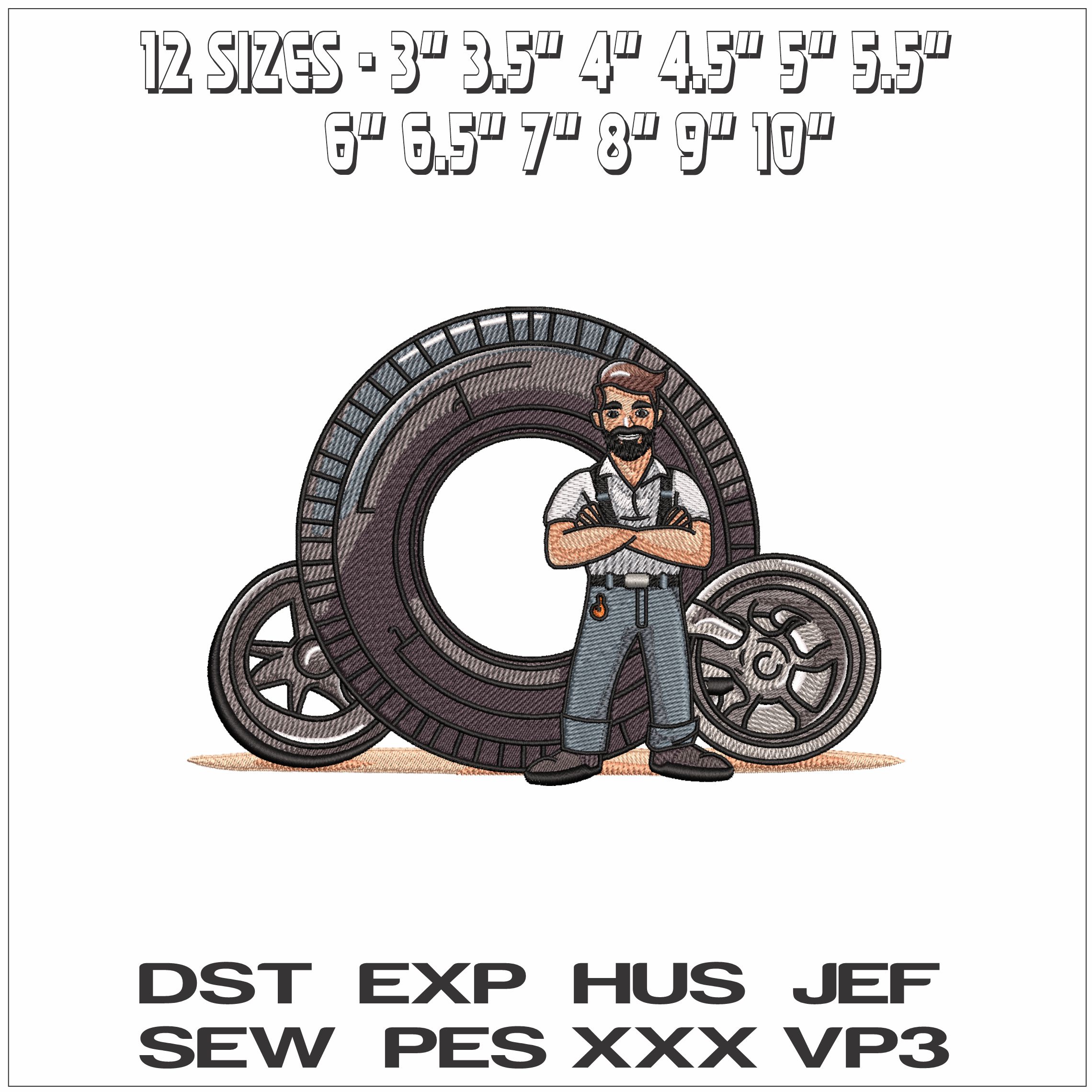 Tyre Man Wheels and Tyres - Elegant embroidery design file - instant download — view 2
