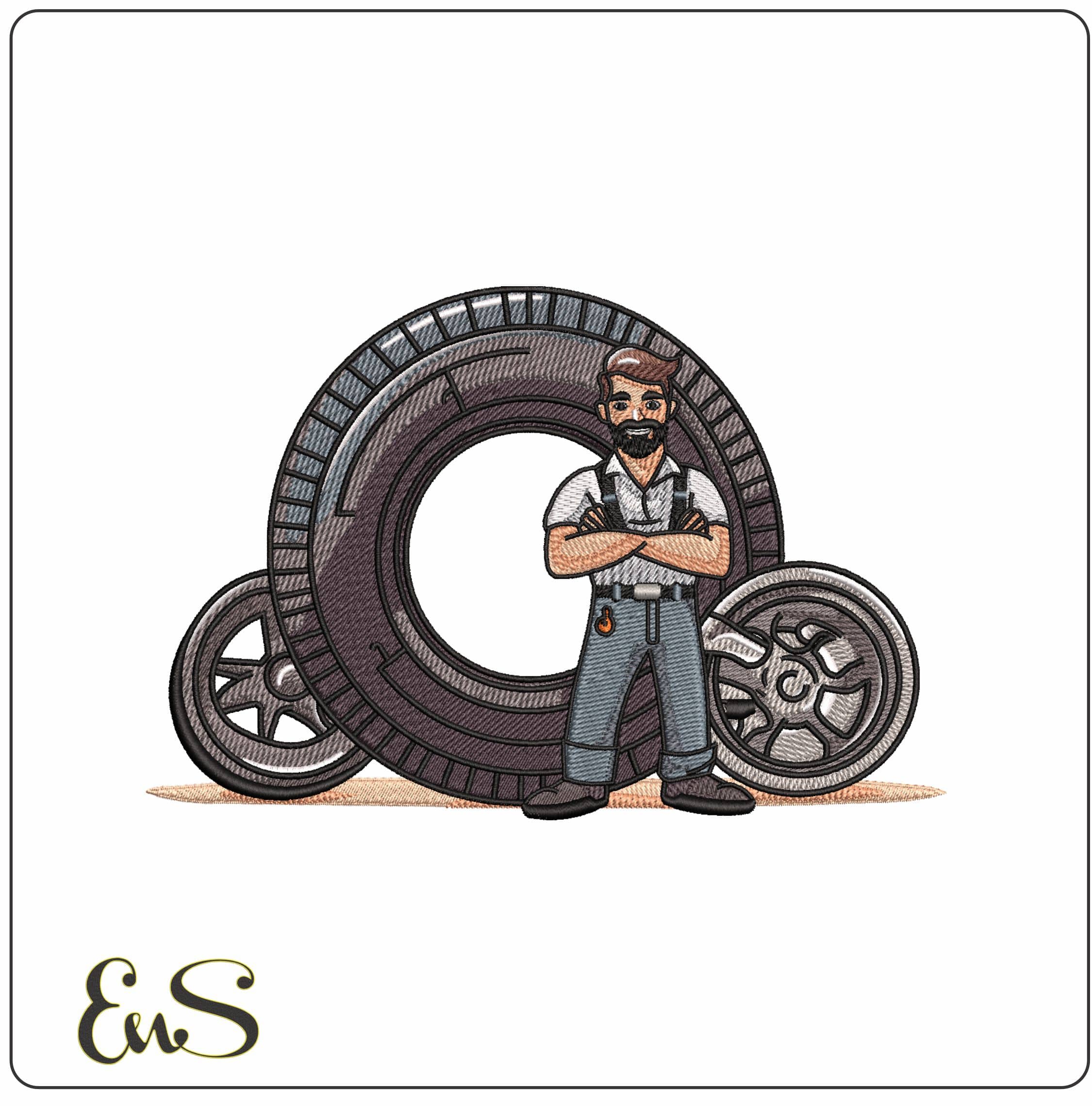 Tyre Man Wheels and Tyres - Elegant embroidery design file - instant download