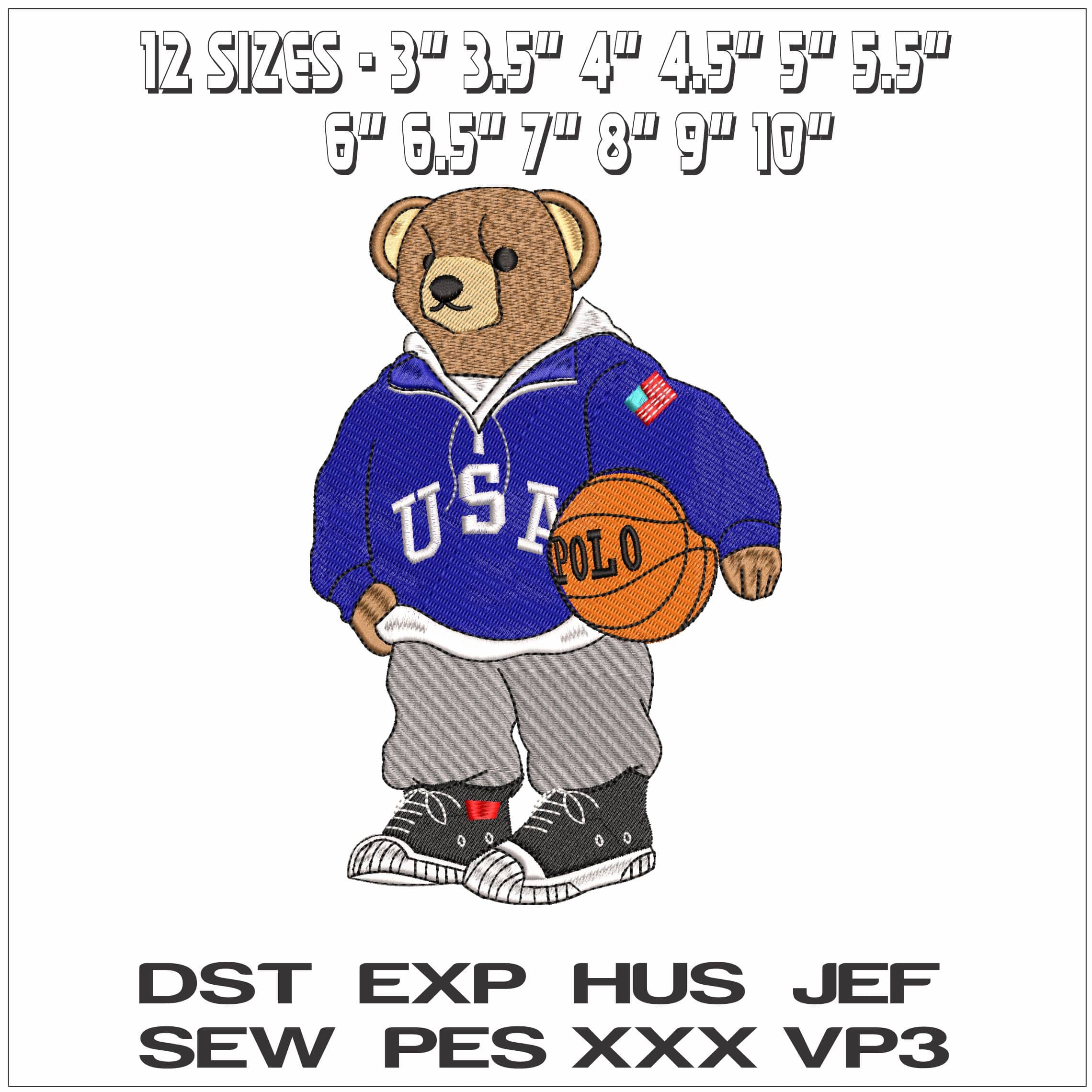 USA Bear with Basketball POLO- Elegant embroidery design file - instant download — view 2