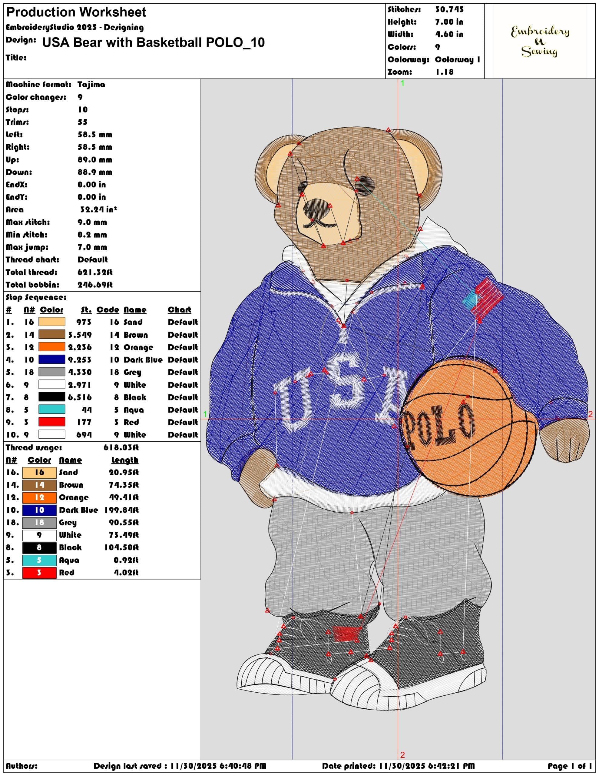 USA Bear with Basketball POLO- Elegant embroidery design file - instant download — view 3