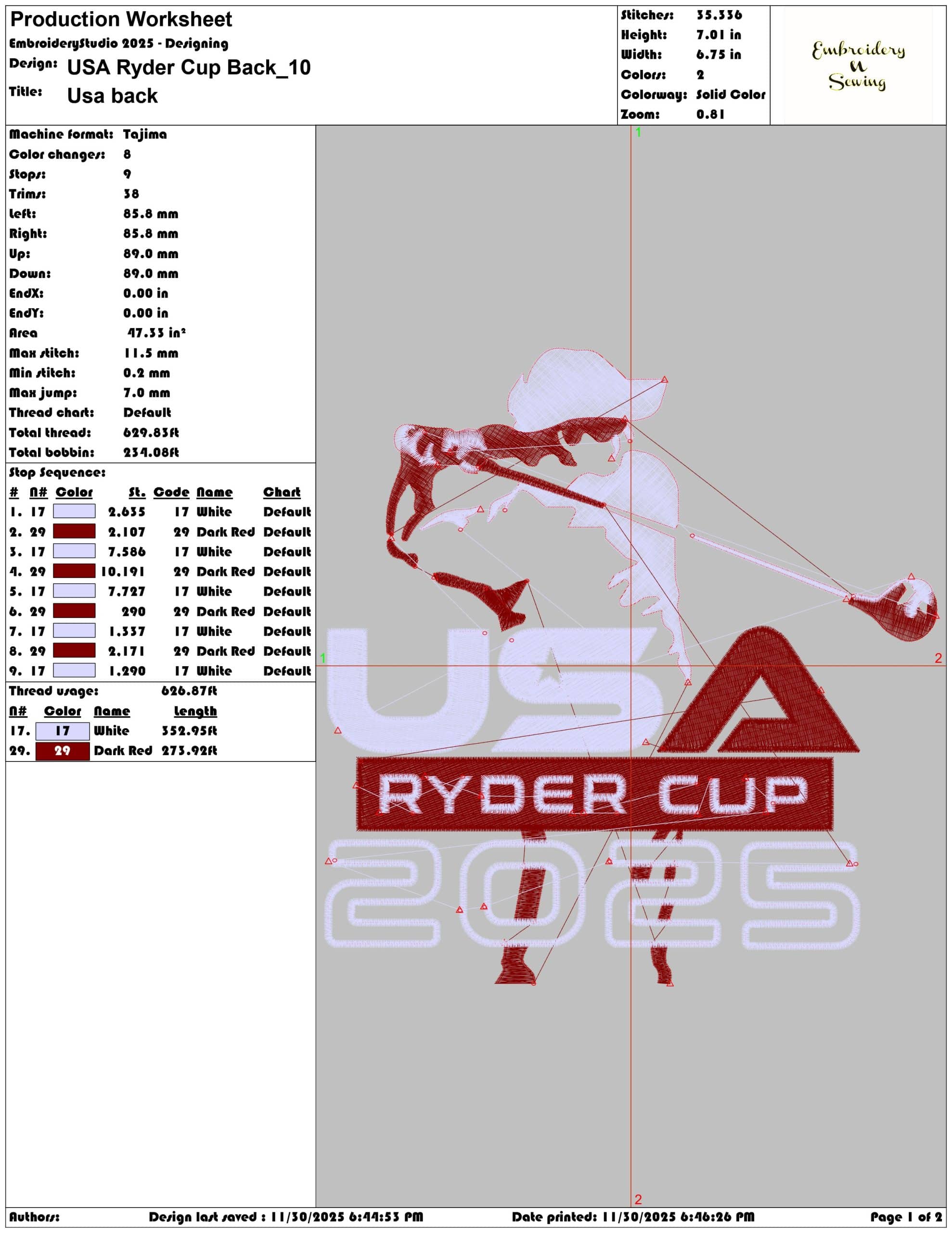 USA Ryder Cup Back- Elegant embroidery design file - instant download — view 3