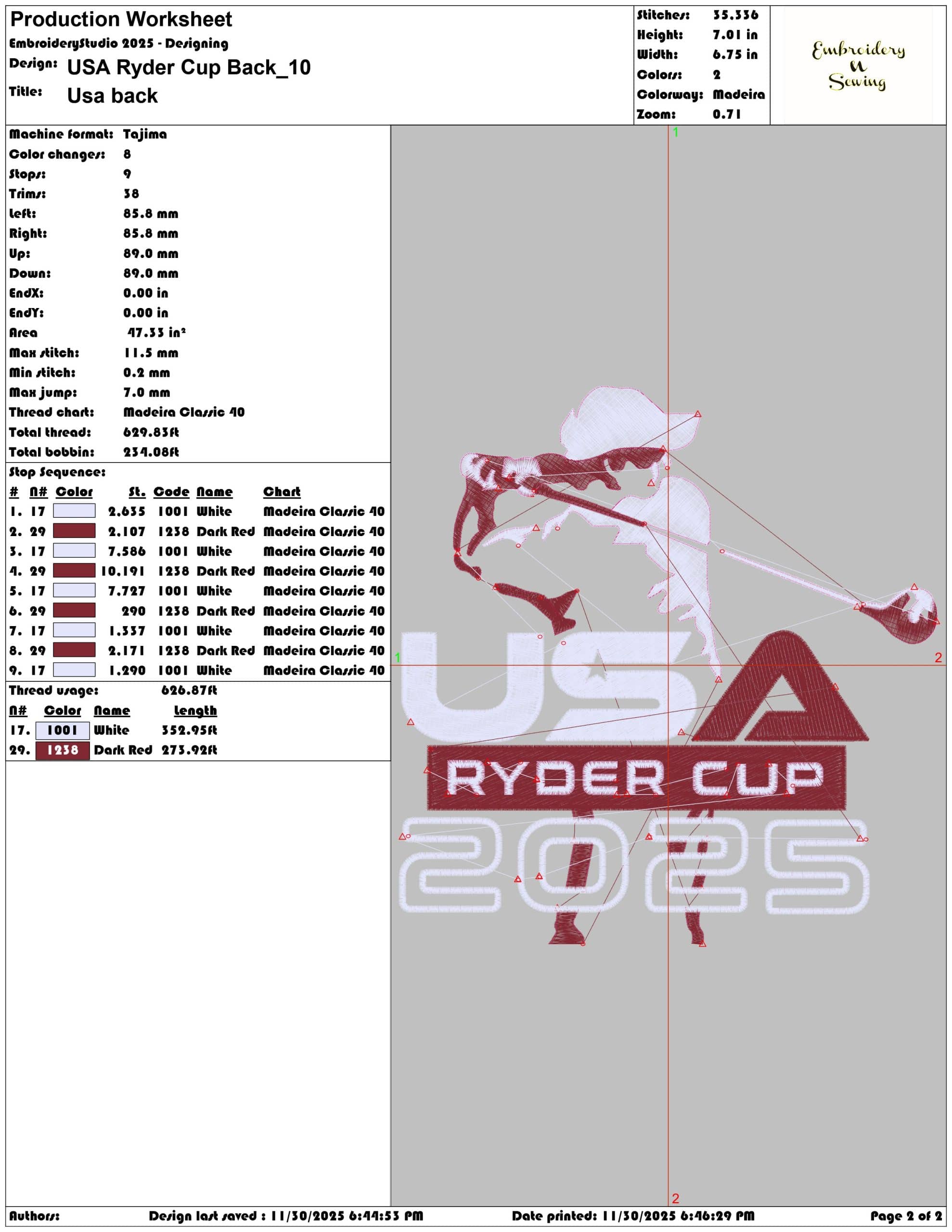 USA Ryder Cup Back- Elegant embroidery design file - instant download — view 4