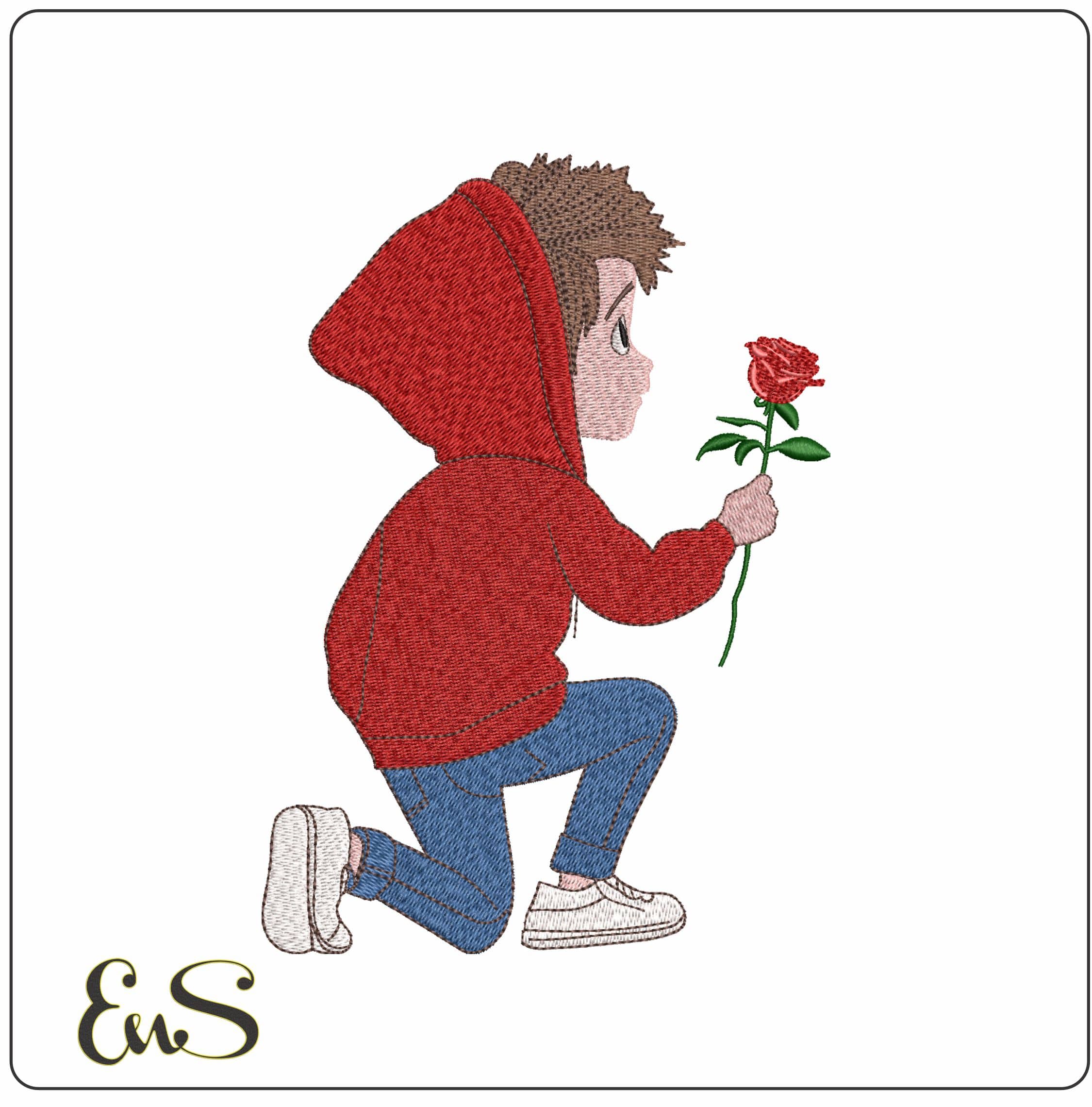 Valentine boy with Flower- Elegant embroidery design file - instant download