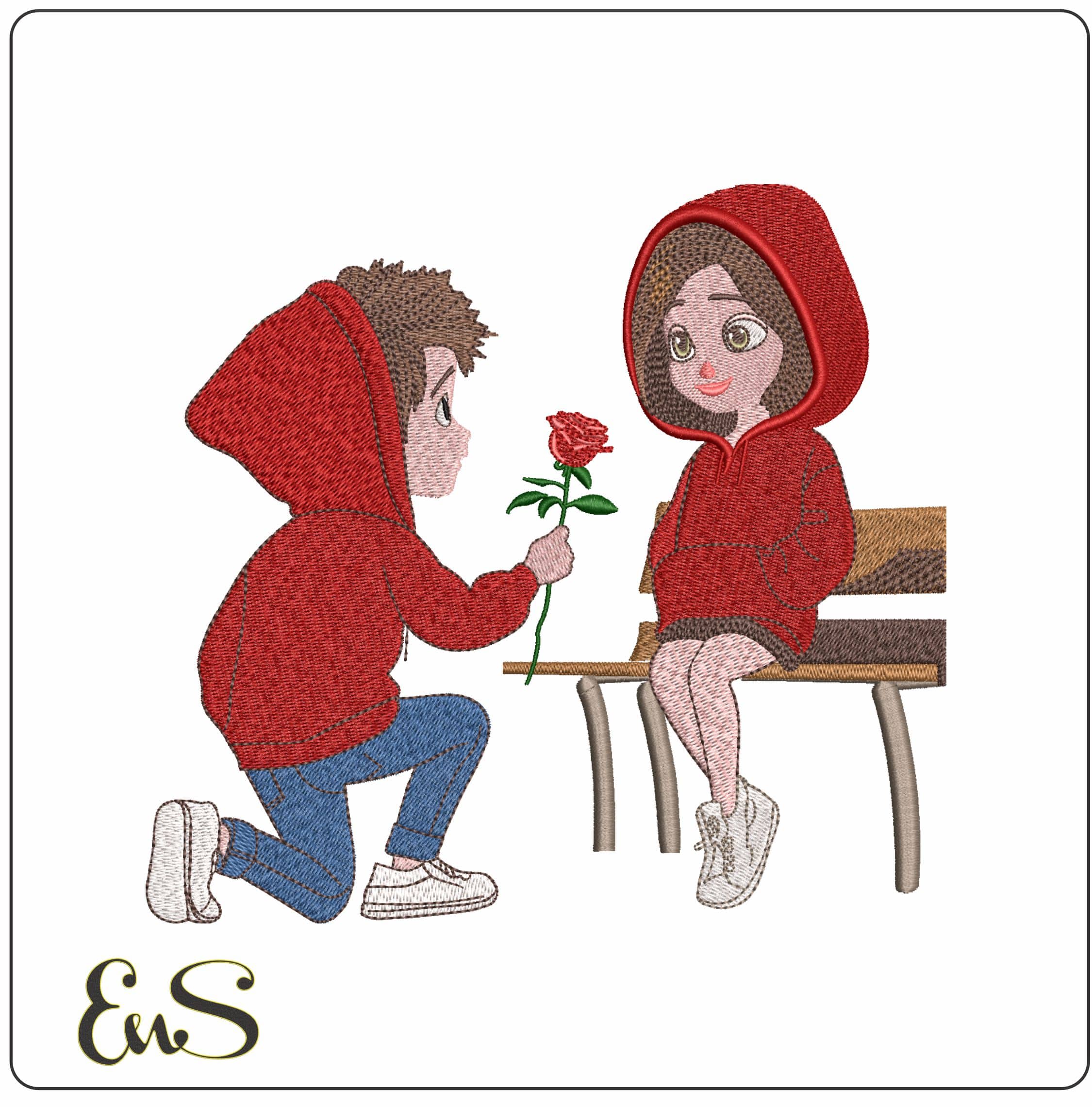 Valentine boy with Flower and girl- Elegant embroidery design file - instant download