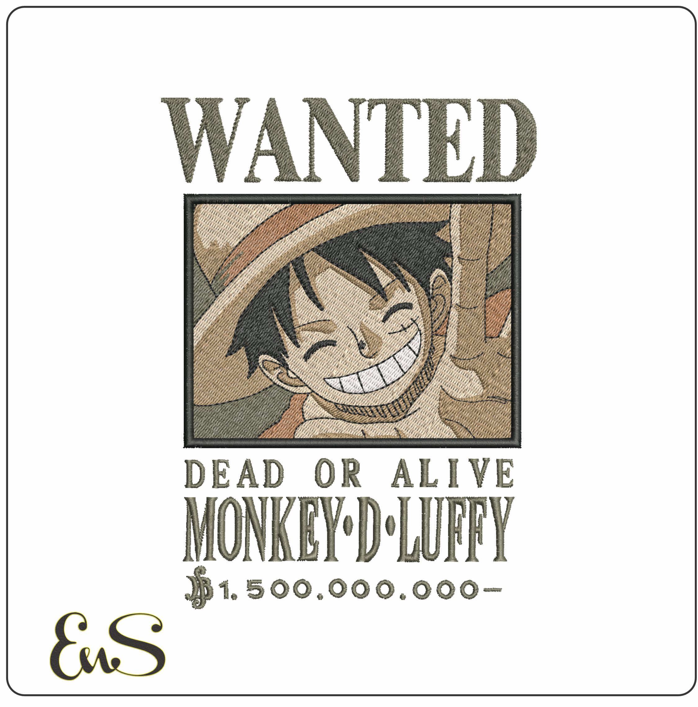 Wanted Dead or Alive Monkey Luffy One Piece Anime- Elegant embroidery design file - instant download