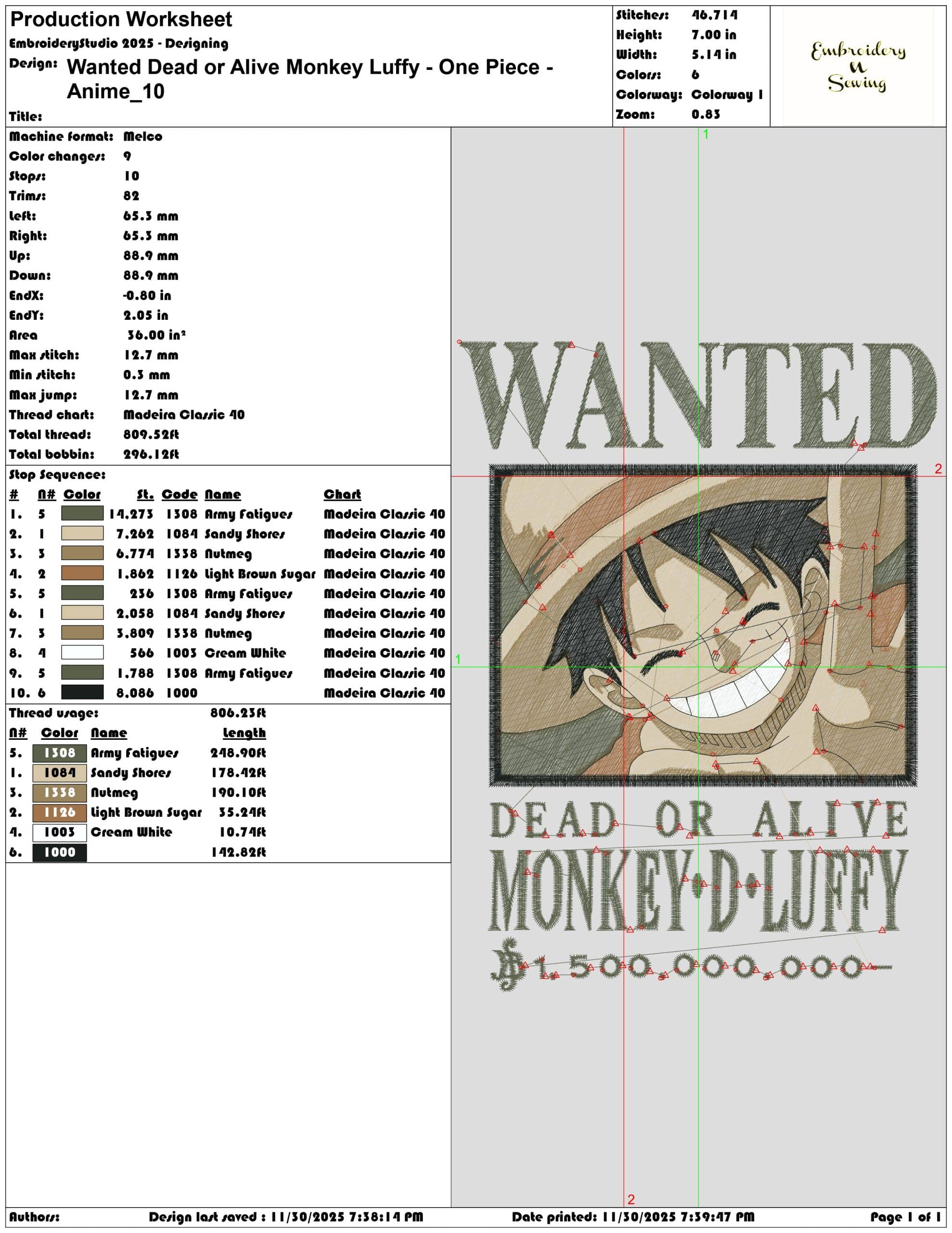Wanted Dead or Alive Monkey Luffy One Piece Anime- Elegant embroidery design file - instant download — view 3