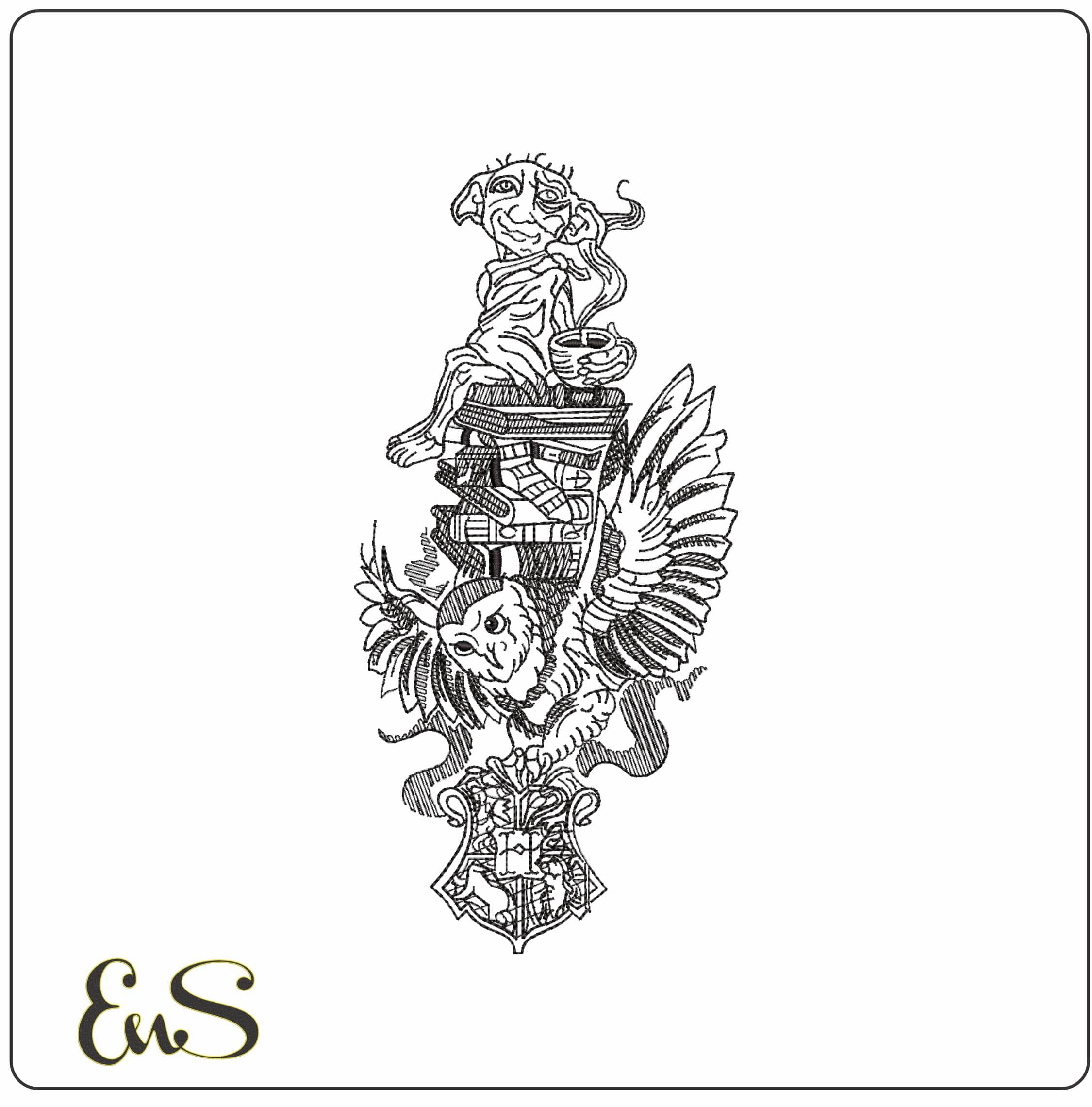 Wizard Book Owl and Elf- Elegant embroidery design file - instant download