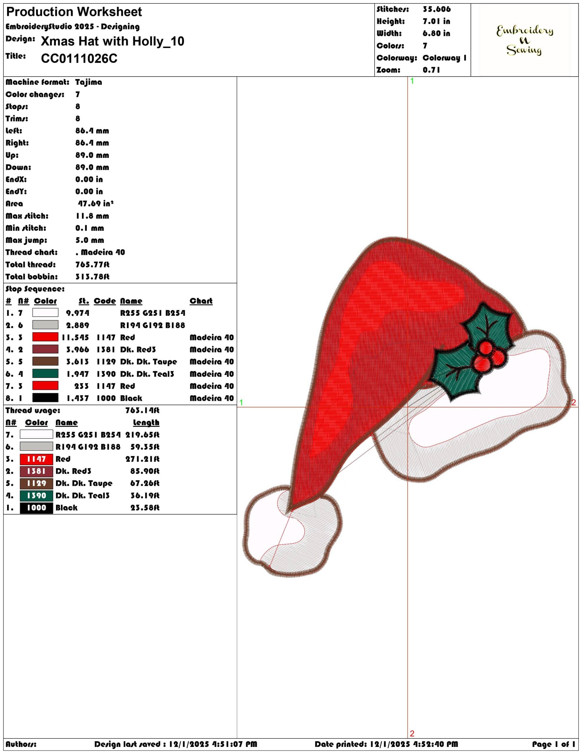 Xmas Hat with Holly- Elegant embroidery design file - instant download — view 3