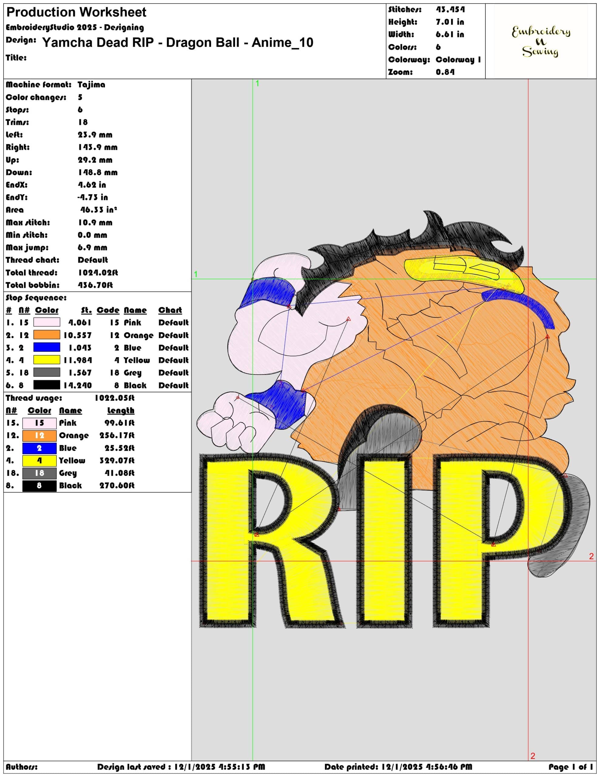 Yamcha Dead RIP Dragon Ball Anime- Elegant embroidery design file - instant download — view 3