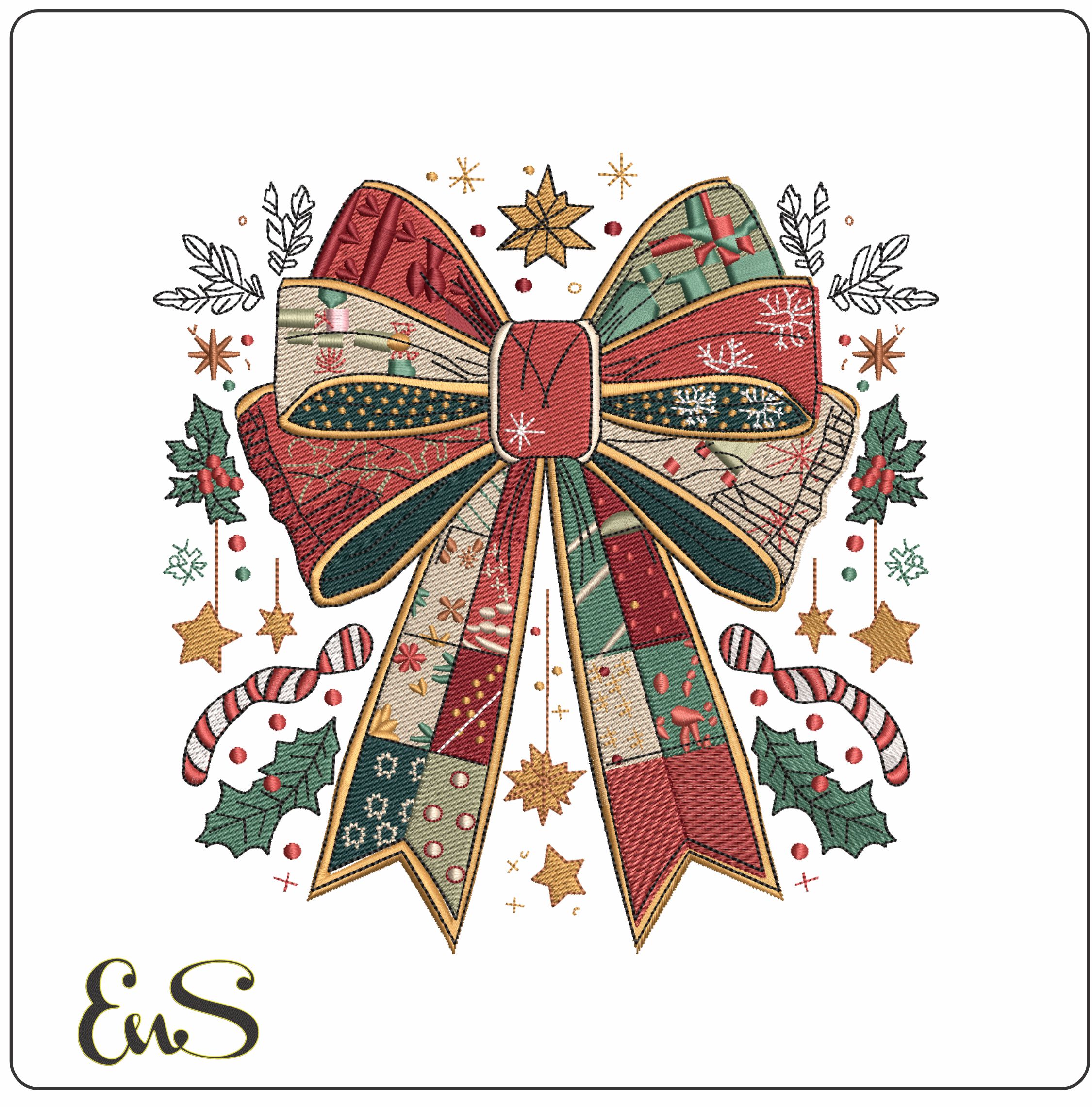 Christmas Bow With Decoration- Elegant embroidery design file - instant download